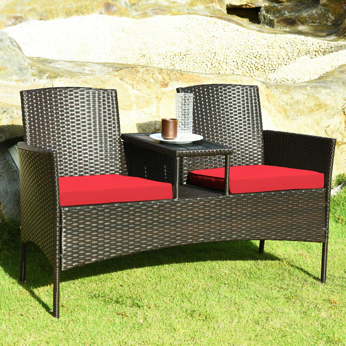 RELAX4LIFE Outdoor Rattan Wicker Conversation Set with Coffee Table & 2 Removable Cushion Chairs - Patio, Garden, Balcony, Lawn Furniture Loveseat (Brown+Red) - Perfect for Backyard Relaxation, Poolside Lounging & Outdoor Entertaining