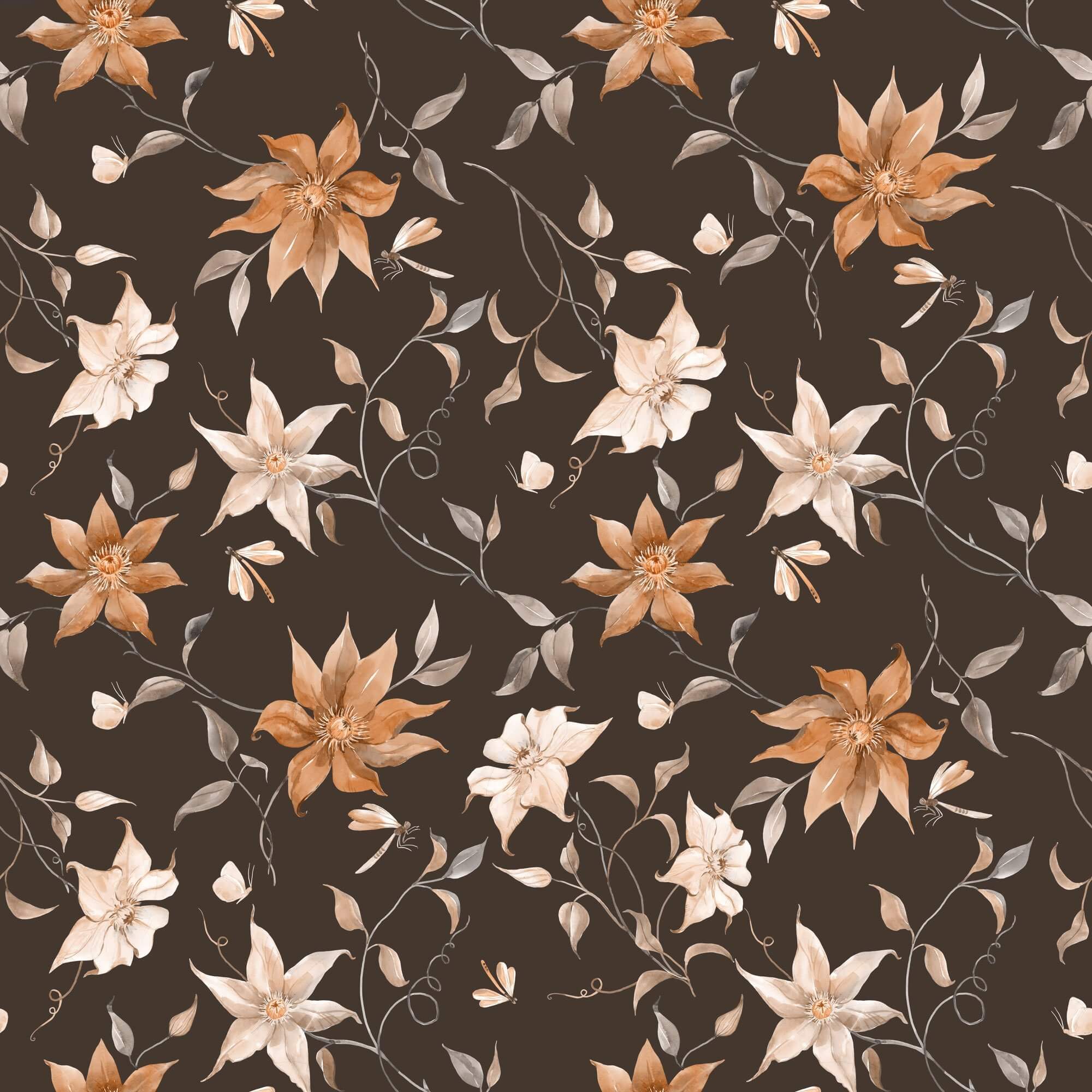 Brown Floral Peel and Stick Removable Wallpaper 7860 - Self-Adhesive Wall Decor for Bedroom, Living Room, Office & Nursery