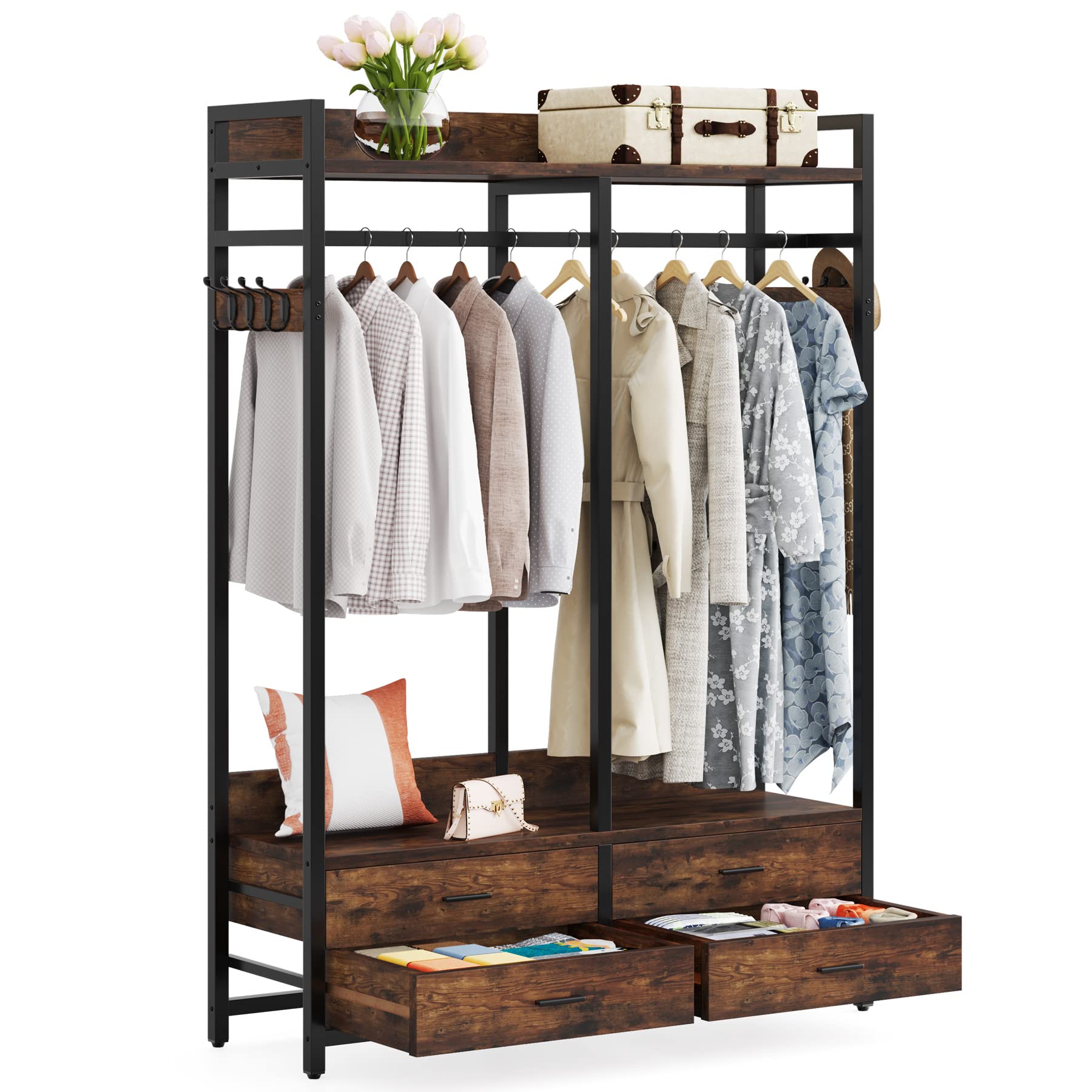 Tribesigns Heavy Duty Freestanding Closet Organizer - Garment Rack with 4 Drawers, 8 Hooks & Storage Shelves - Rustic Brown Wardrobe for Hanging Clothes - Perfect for Bedroom, Living Room & Walk-in Closet Organization