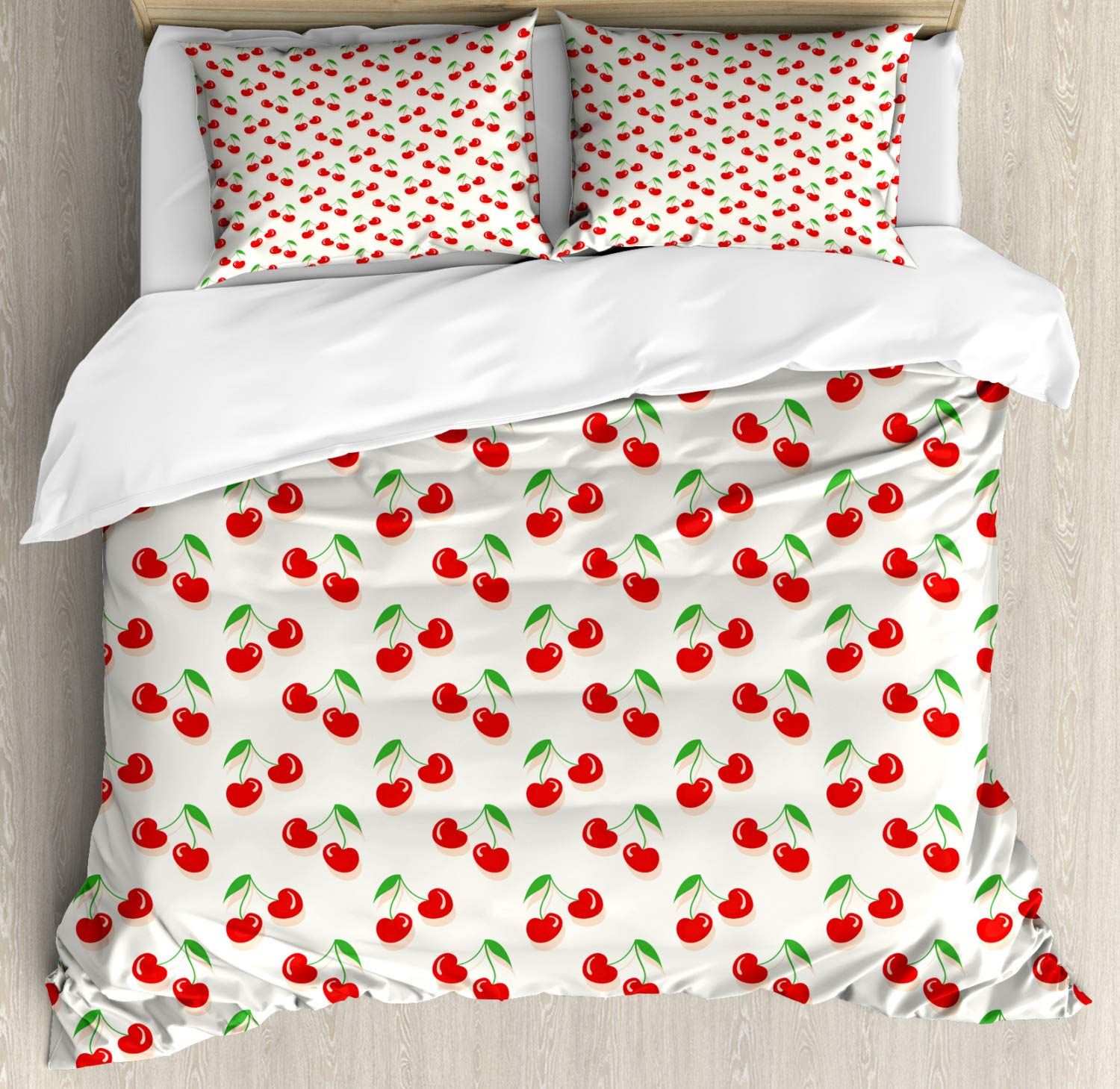 Ambesonne Cherry Duvet Cover Set - King Size 3-Piece Bedding with Cartoon Fruit & Leaf Summer Pattern in Vermilion & Lime Green | Includes 2 Pillow Shams | Perfect for Kids' Rooms, Guest Bedrooms & Summer Home Decor