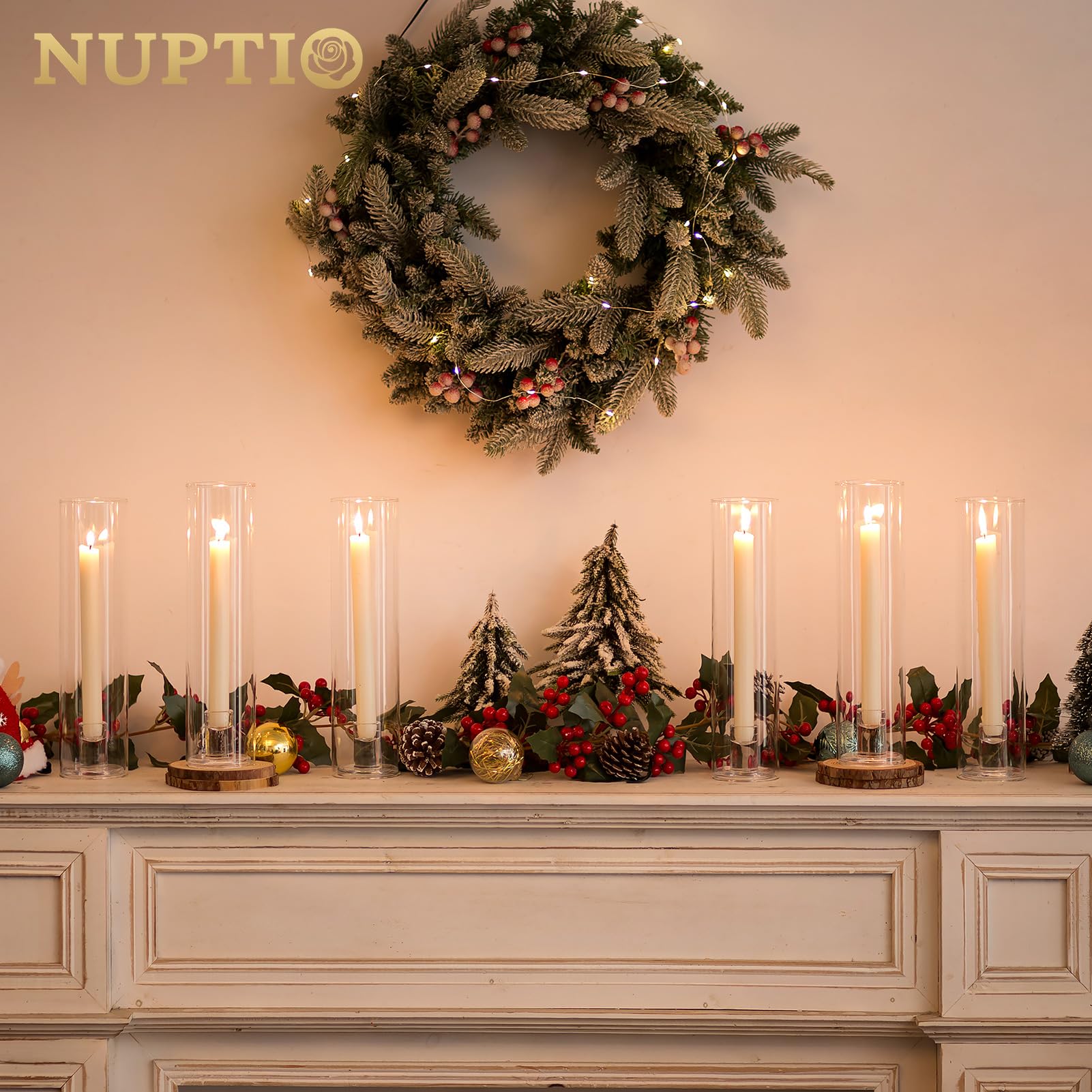 NUPTIO Glass Taper Candle Holders - 10 Pack Bulk Hurricane Candle Holders for Tapered Candles, Large Crystal Candlestick Stand with Cylinder Sleeves - Perfect for Wedding, Christmas, Birthday Party & Home Decor (Centerpieces, Table Settings, Fireplace Mantel)