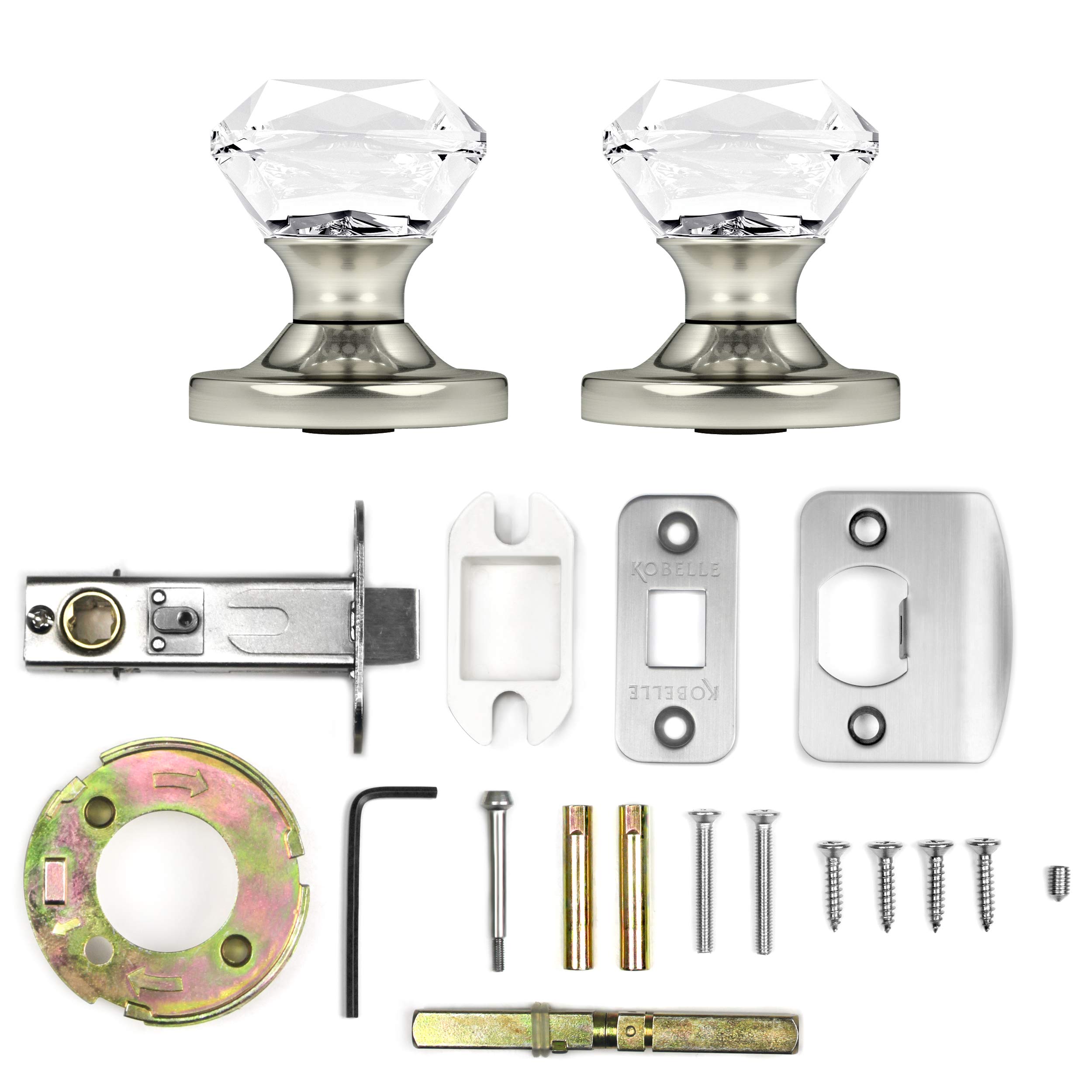 (7 Pack) Privacy Crystal Door Knobs - Satin Nickel Finish with Round Rosette for Bedroom, Bathroom & Closet Doors | Princess Cut Design for Elegant Home Decor