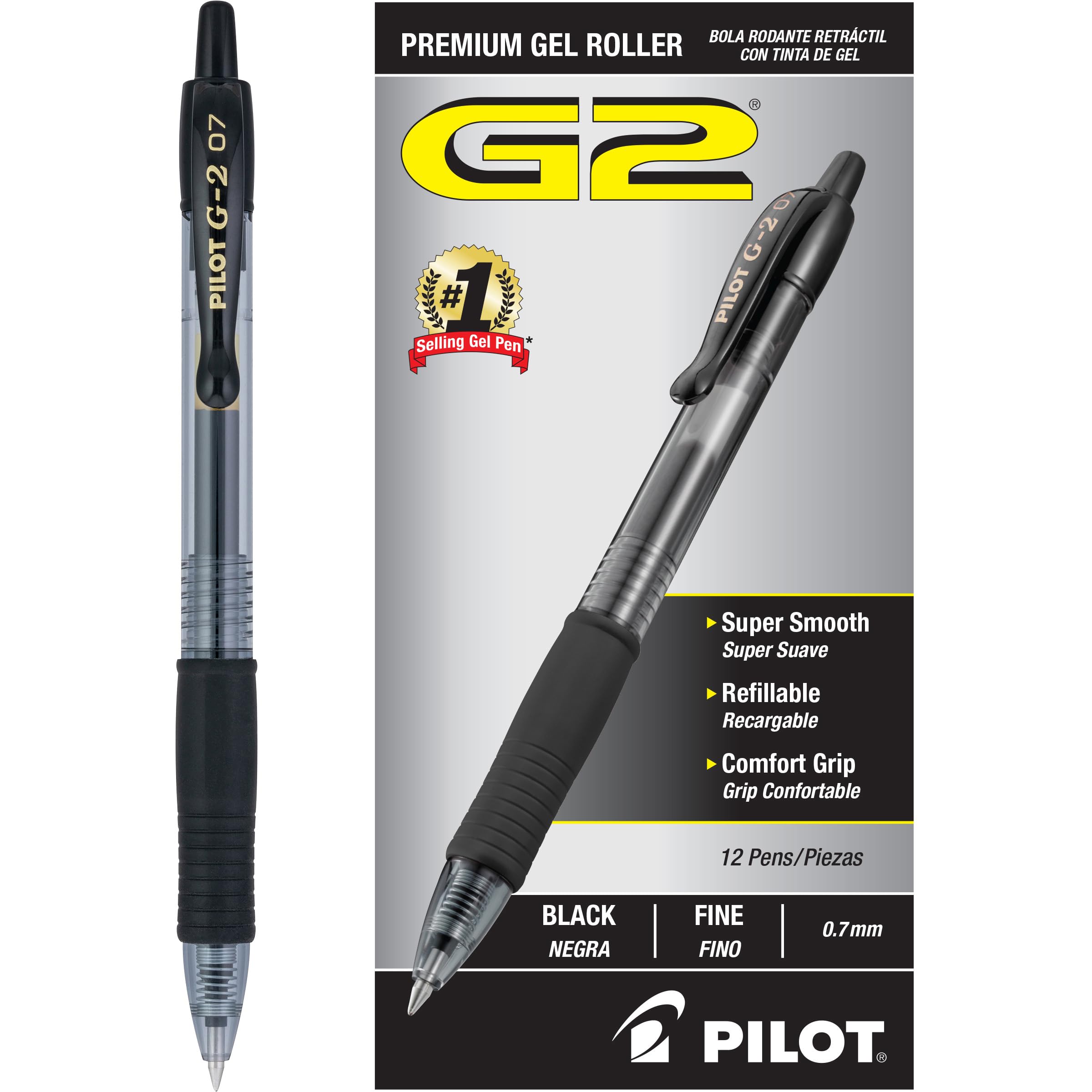 Pilot G2 Premium Gel Roller Pens - 0.7mm Fine Point Black Ink - 12 Pack (Dozen Box) - Smooth Writing for Office, School & Note Taking