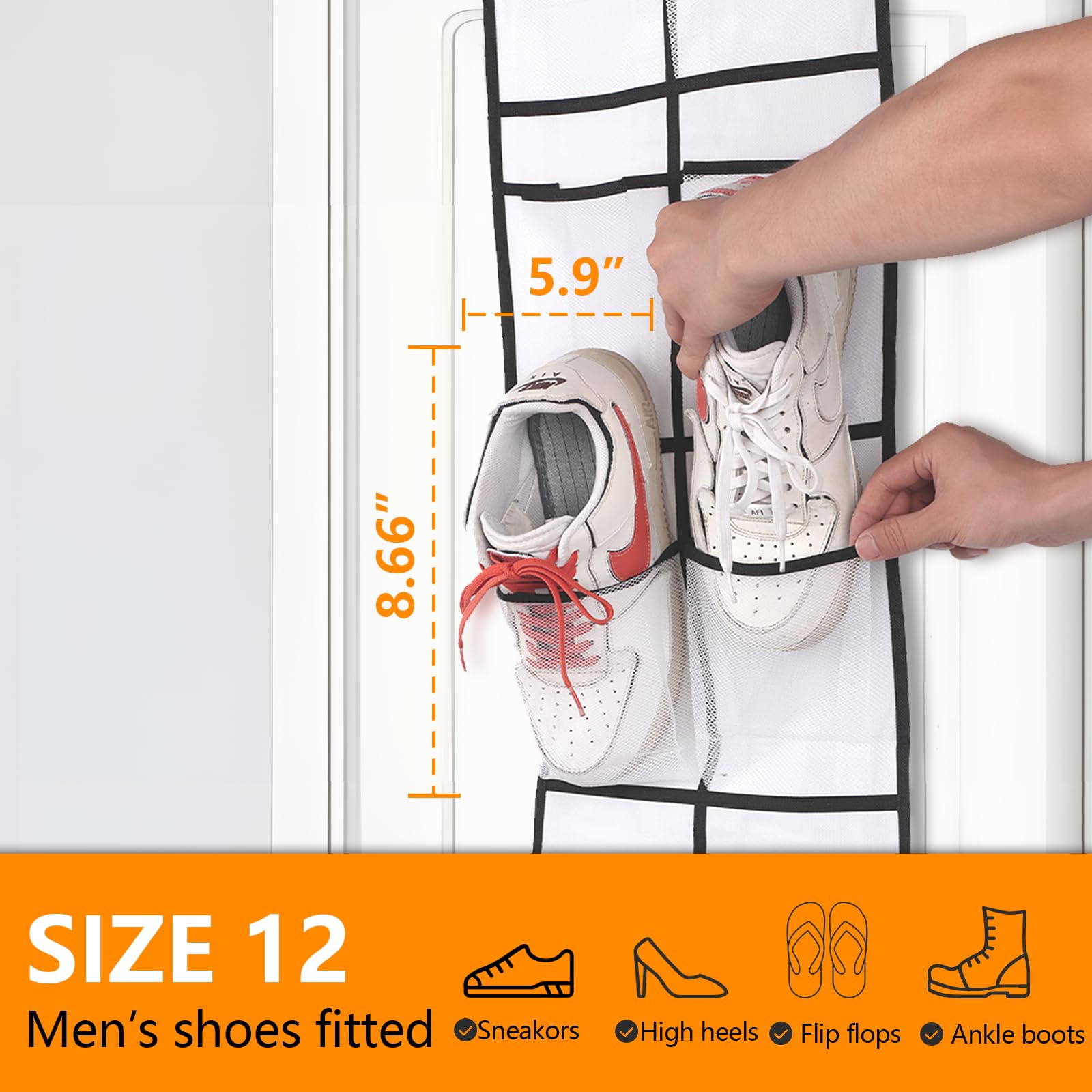 MSLOVE Over The Door Shoe Organizer with 12 Large Mesh Pockets - Space Saving Hanging Shoe Storage for Closet, Bedroom & Entryway - White (2 Pack) - Perfect for Small Spaces & Apartment Living