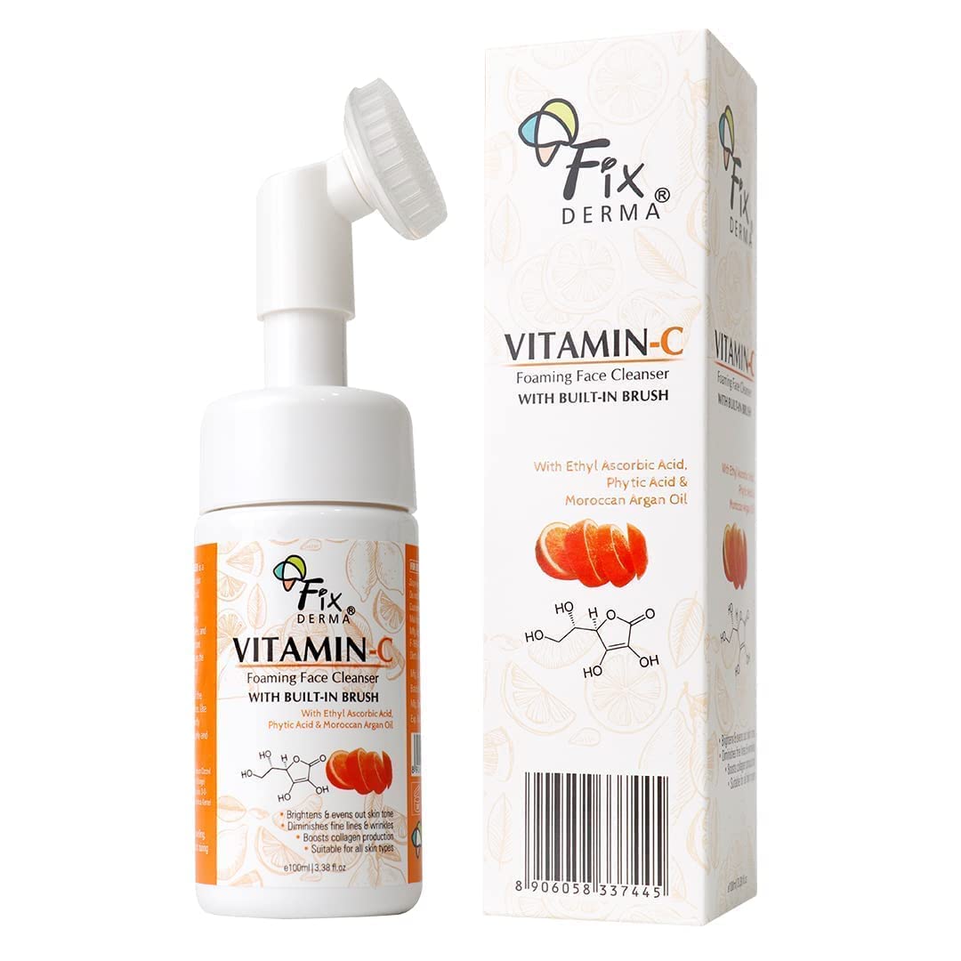 Vitamin C Foaming Face Cleanser with Brush - Brightening & Anti-Aging Facial Wash for Women & Men | Evens Skin Tone, Reduces Wrinkles & Exfoliates | 100ml | Perfect for Morning & Night Skincare Routine