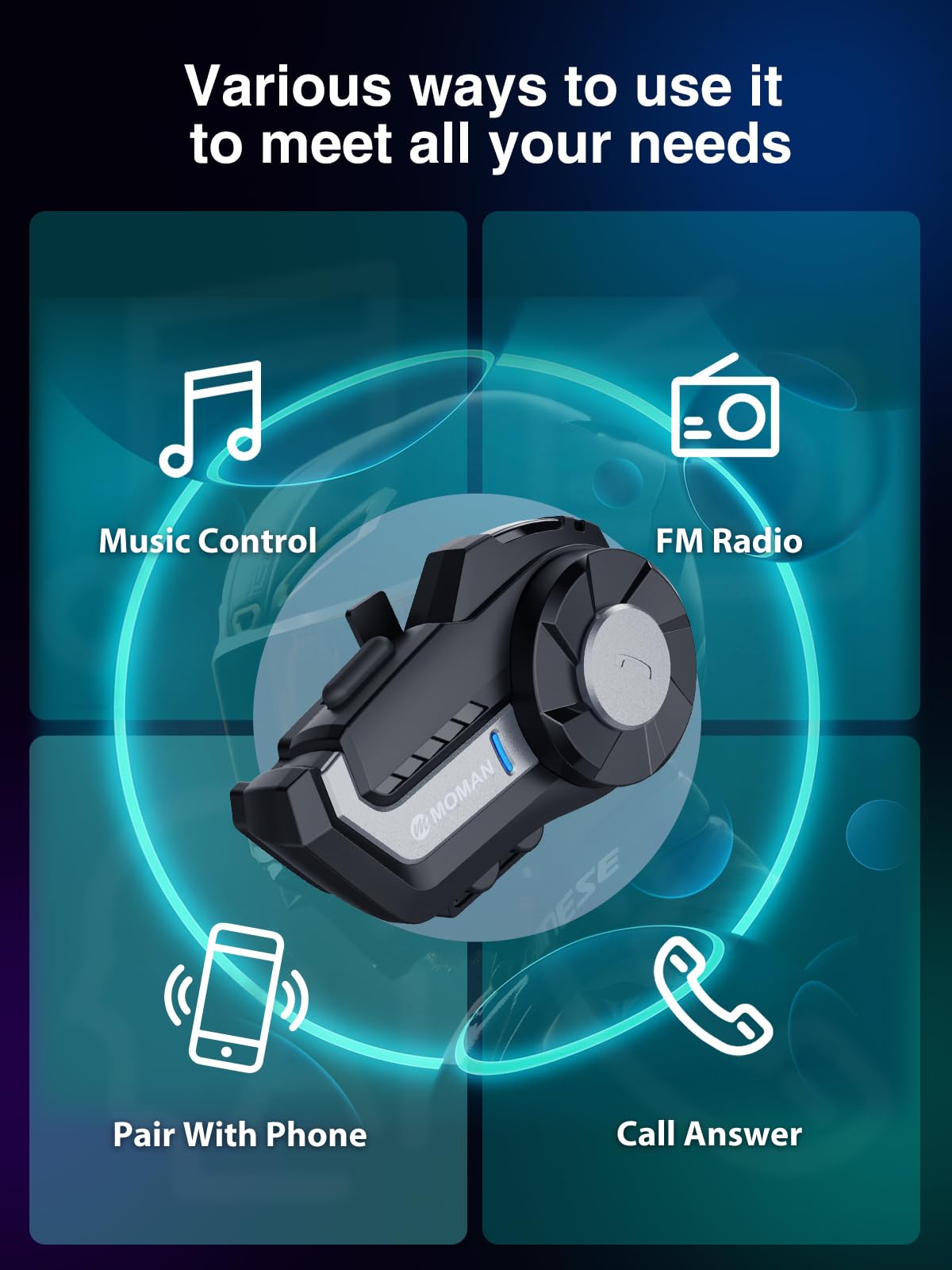 **Moman H2 Wireless Motorcycle Helmet Headset [2 Pack, Silver] – 1000M Range, IP65 Waterproof, DSP & CVC Noise Cancellation, FM Radio – Dirt Bike Helmet Communication System for Group Riding & Adventure**    **Usage Scenarios:** Perfect for group motorcycle rides, off-road adventures, touring, and daily commuting with crystal-clear communication.