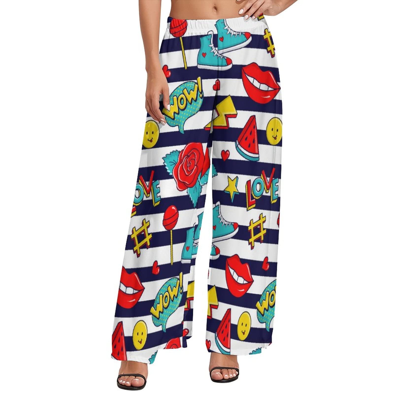 ATOPTEES Women's Vintage Cassette Tape Watercolor Print Palazzo Pants - Wide Leg Lounge Pants for Women - Comfortable Casual Wear for Home, Office & Music Lovers Gift