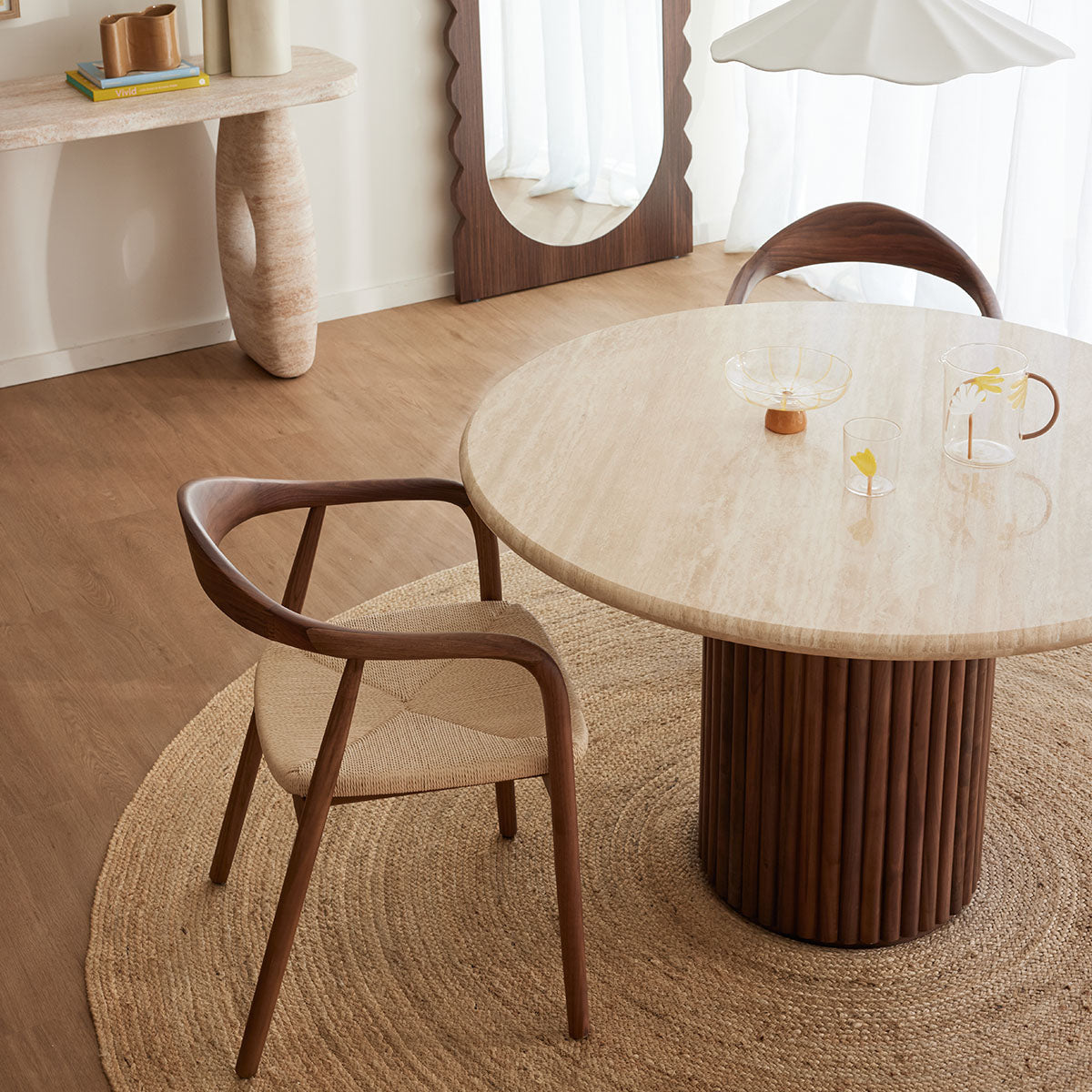 Cosmos Modern Dining Table - Walnut & Travertine, 120cm Round - Perfect for Small Spaces, Breakfast Nooks & Cozy Dining Rooms