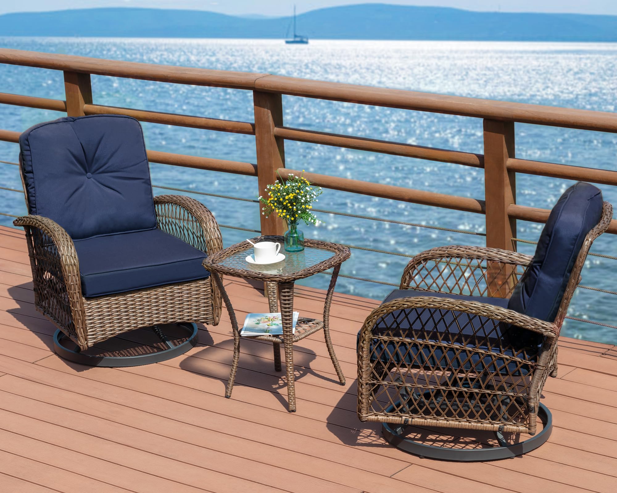 IMUsee 3-Piece Outdoor Patio Furniture Set - Swivel Rocking Chairs with 4