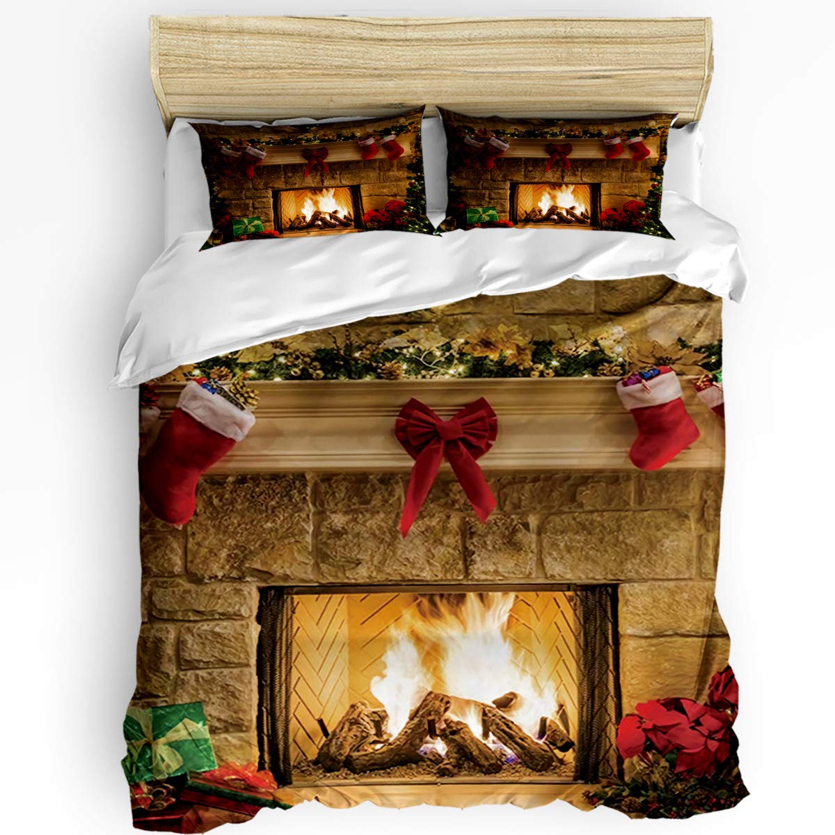 3-Piece Printed Duvet Cover Set Twin Size - Soft Christmas Eve Fireplace Design, Includes 1 Duvet Cover & 2 Pillow Shams - Cozy Bedding Gift for Kids & Adults | Perfect for Holiday Decor, Guest Rooms & Cozy Winter Nights