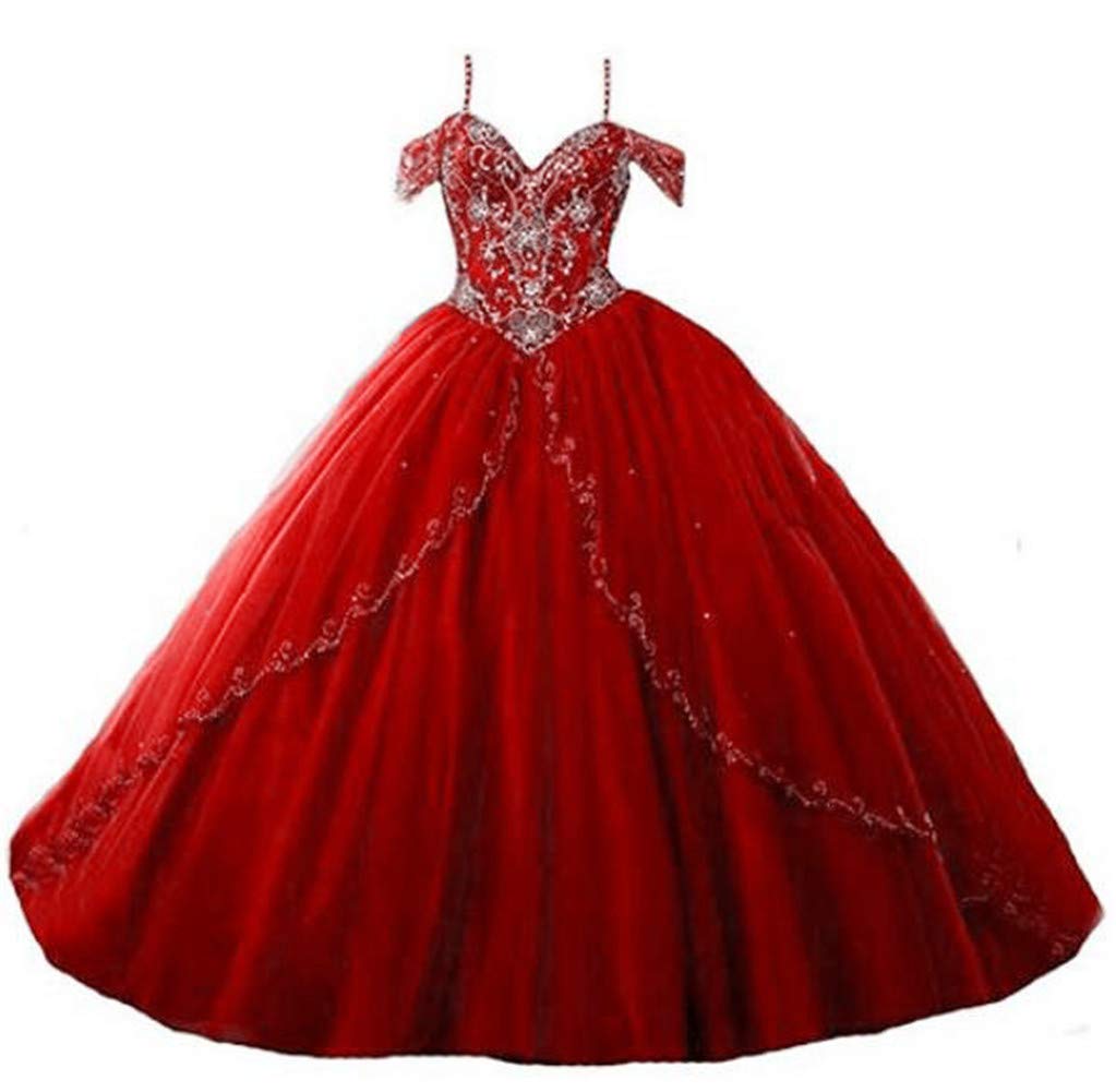 Elegant Red Off-Shoulder Beaded Sweet 16 Quinceañera Dress with Cap Sleeves - Long Prom Ball Gown for Women | Perfect for Birthday Parties, Homecoming, and Formal Dances