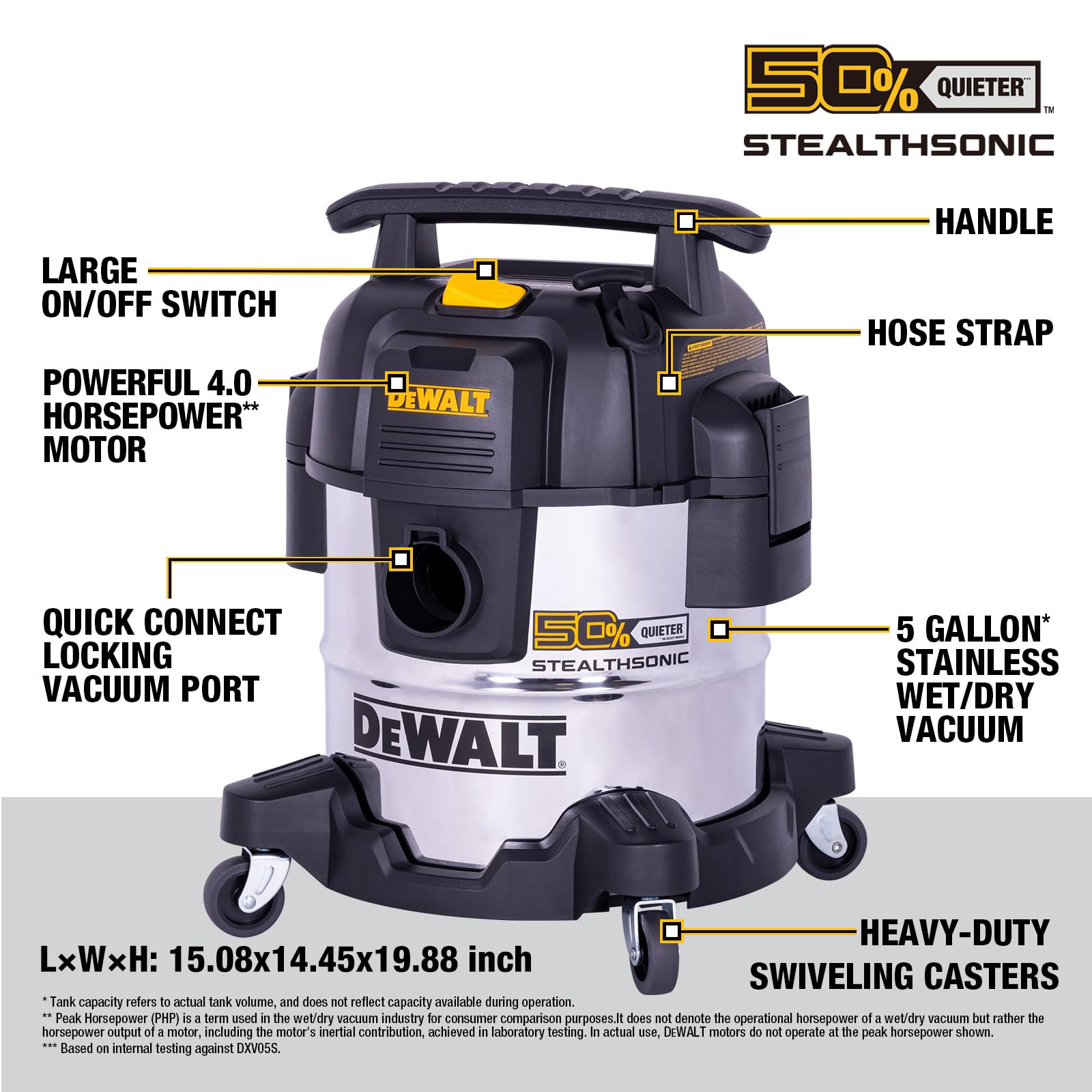 DEWALT 5 Gallon STEALTHSONIC Wet/Dry Shop Vacuum - Ultra Quiet 4 Peak HP Vacuum with Powerful Suction & Attachments - Portable for Home, Garage, Car, Workshop & Jobsite (DXV05S-QT) - Perfect for Cleaning Spills, Dust, Debris & Wet Messes