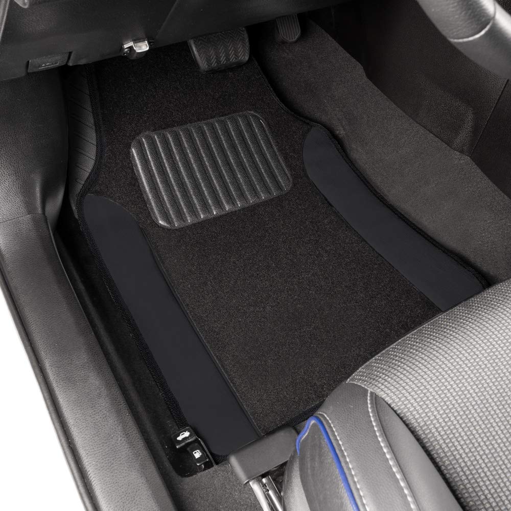 Premium BDK Car Floor Mats - Two-Tone Carpet with Faux Leather Trim, Non-Slip Automotive Floor Mat Set with Heel Pad - Luxury Car Interior Accessories (Black) - Perfect for Sedans, SUVs & Trucks - All-Weather Protection & Comfort