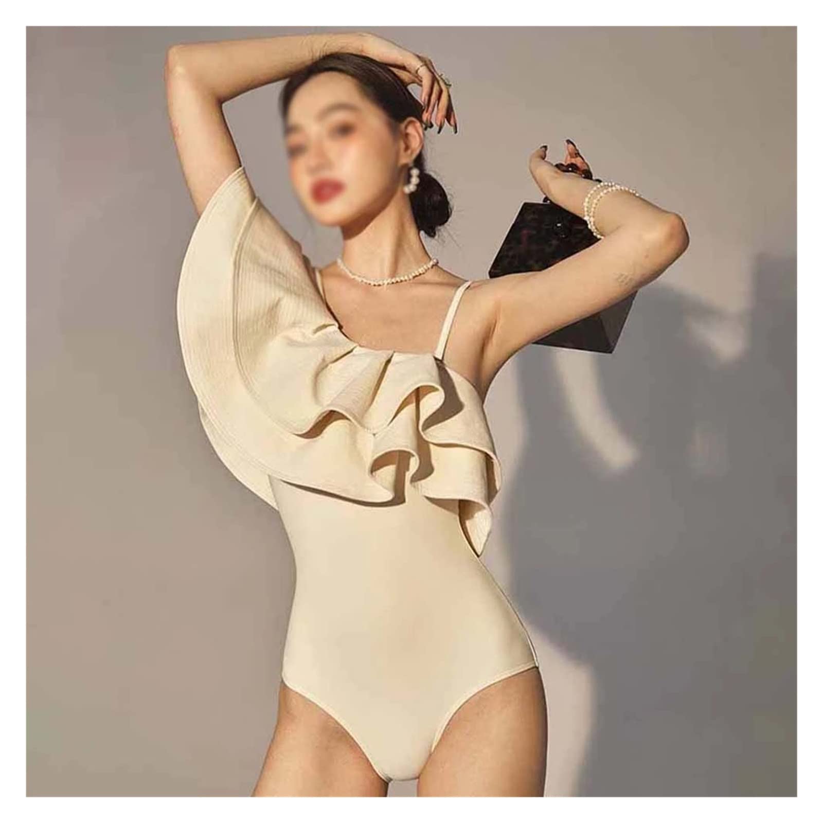 Elegant Retro One-Shoulder Ruffled Swimsuit for Women - High Waist Slimming One-Piece Bikini in Beige | Perfect for Beach Vacations, Pool Parties & Summer Getaways (Color: A, Size: XL)