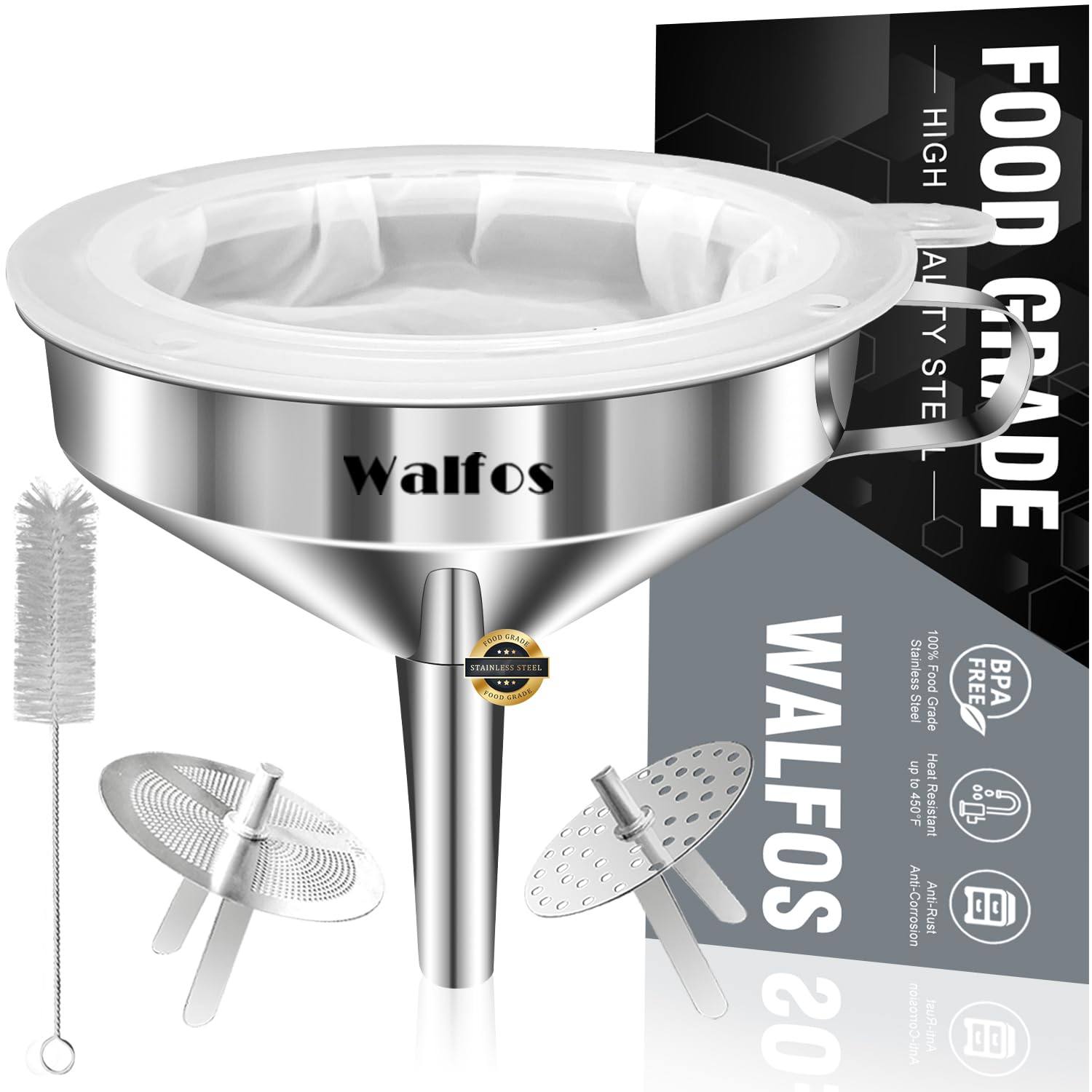 Premium Stainless Steel Kitchen Funnel with 2 Removable Strainers & Cleaning Brush - Ideal for Liquids, Oils, Jam, Dry Ingredients & Powder Transfer (4.9
