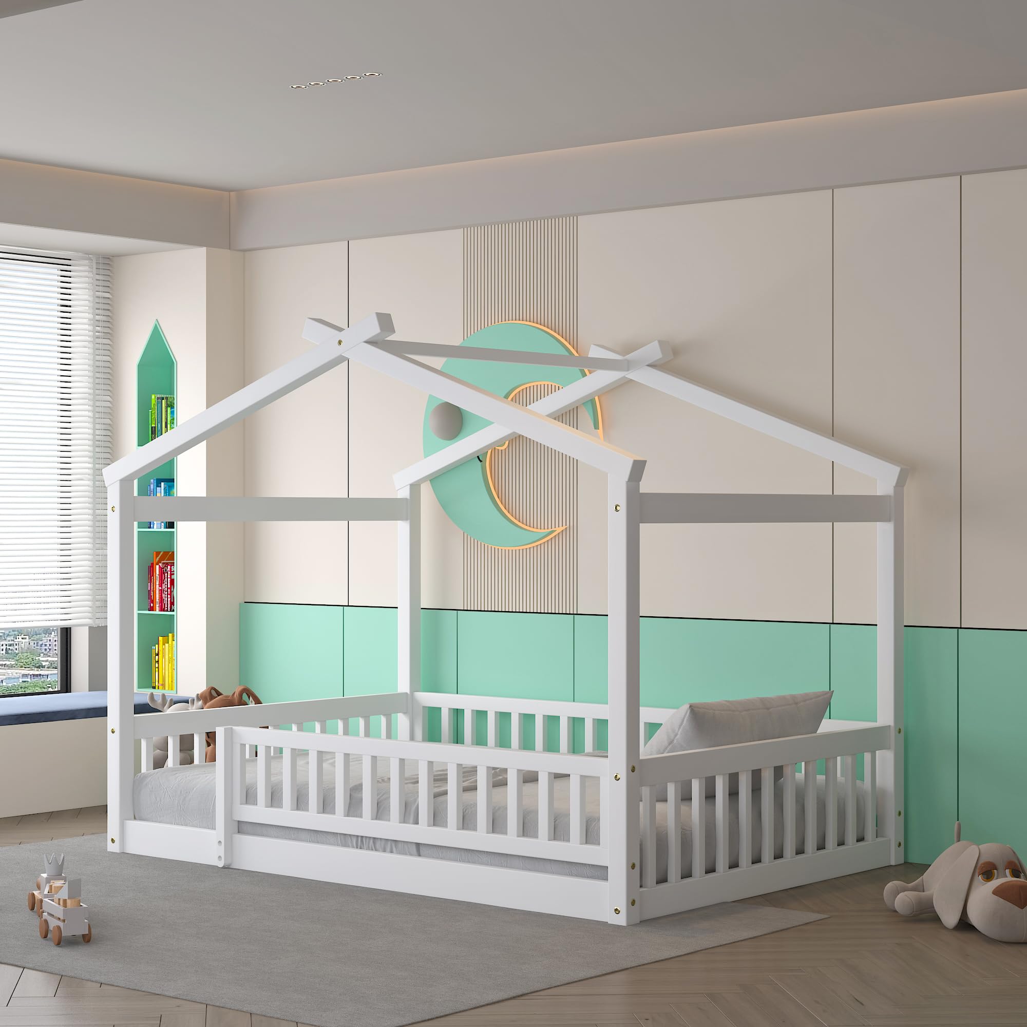 Montessori Floor Bed for Kids - Full Size Wooden House Bed Frame with Safety Fence | White Playhouse Bed for Toddlers & Children | Perfect for Montessori Bedrooms, Playrooms & Cozy Sleep Spaces