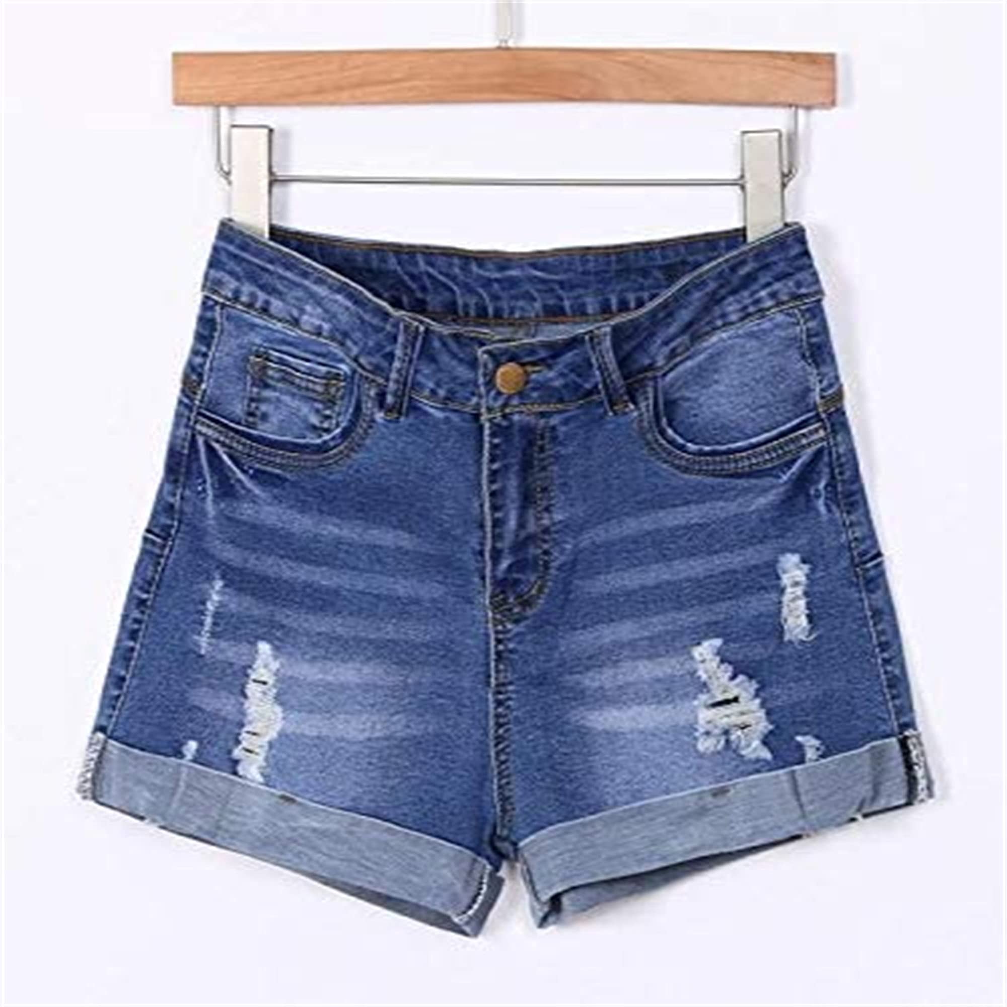 Women's Low Waist Ripped Denim Shorts - Distressed Hole Rolled Hem Casual Jean Shorts for Summer | Sexy Folded Hot Pants in Navy Blue (Large) | Perfect for Beach, Music Festivals & Street Style