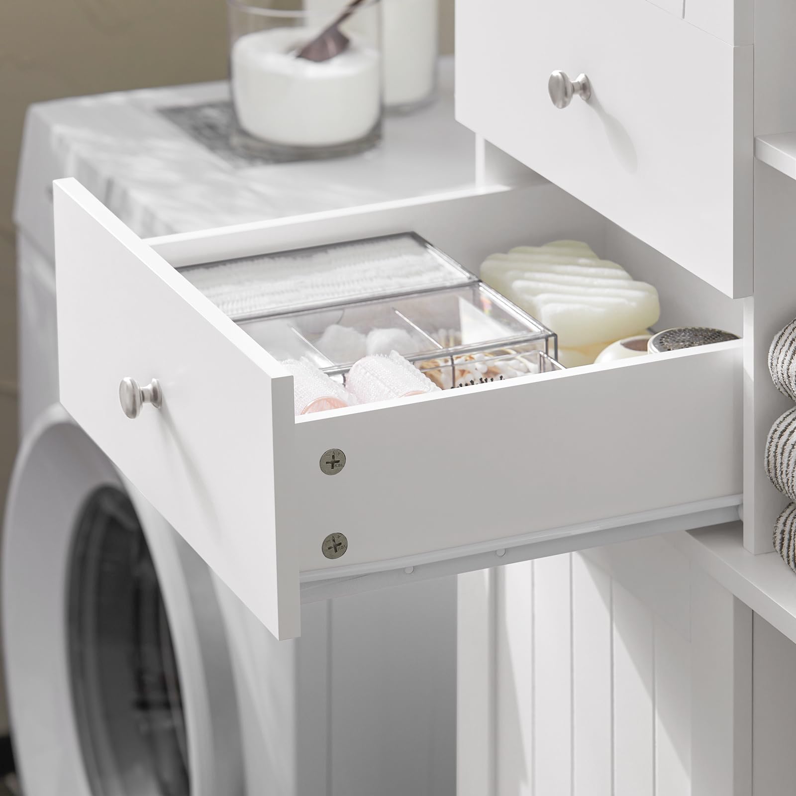 Haotian Tall Laundry Storage Cabinet - Freestanding Organizer with Removable Baskets, Multi-Compartment & Drawers - Perfect for Bathroom, Laundry Room, Closet Organization - White (BZR104-W)