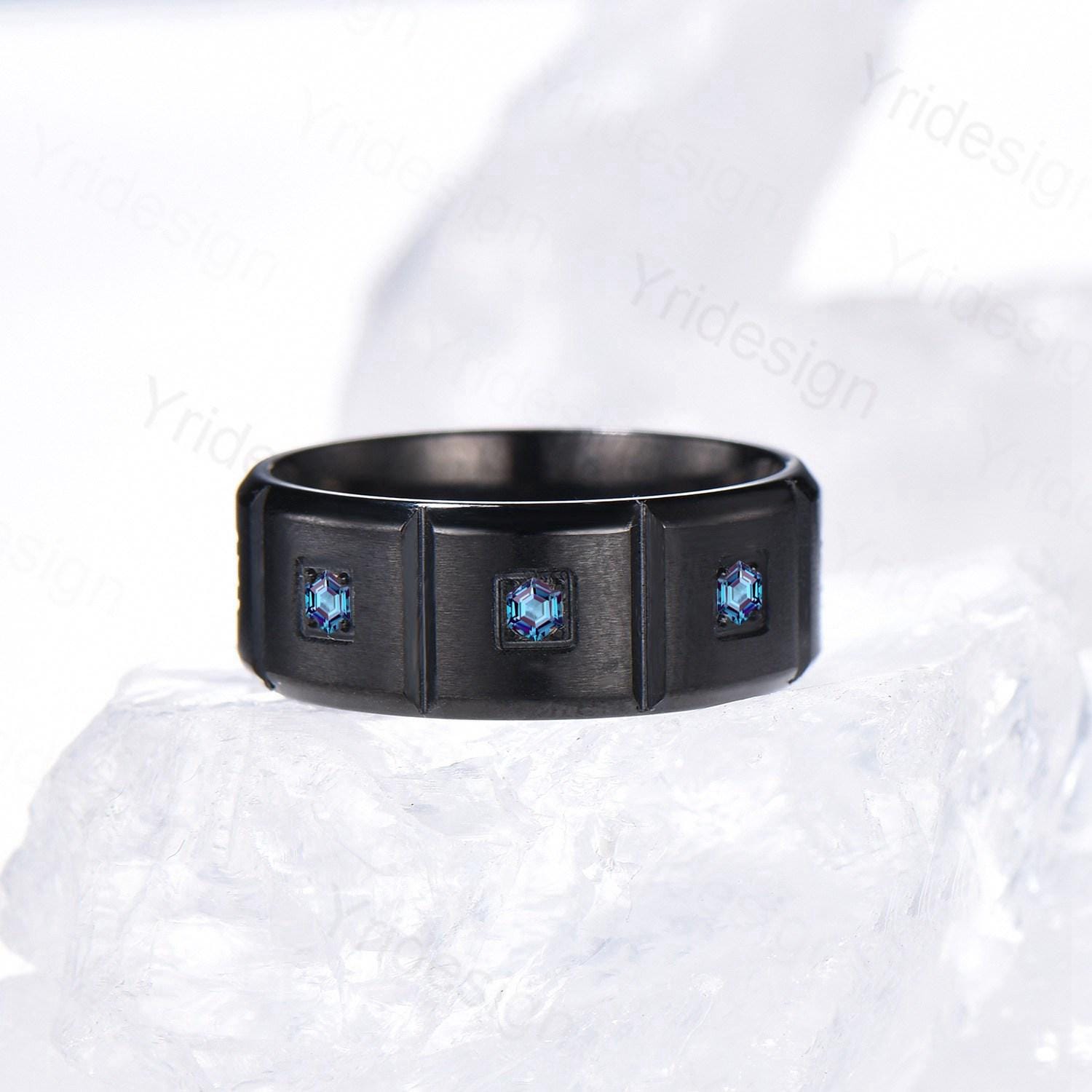 Black Gold Brushed Finish Men's Wedding Band - Unisex Hexagon Alexandrite Ring for Anniversary, Stacking & Matching - Perfect Gift for Couples (Ideal for Weddings, Engagements & Romantic Occasions)