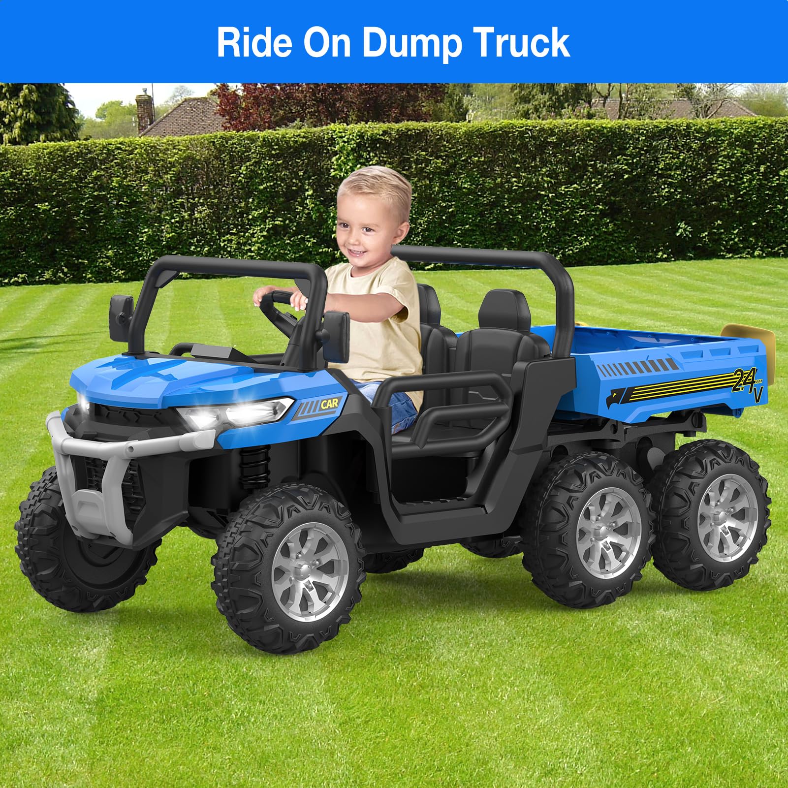 GARVEE 24V Electric Ride On Dump Truck for Kids - 6-Wheel 2 Seater Remote Control UTV Battery Powered Toy Car for Ages 3+ (Blue) | Perfect for Outdoor Play, Backyard Adventures & Birthday Gifts