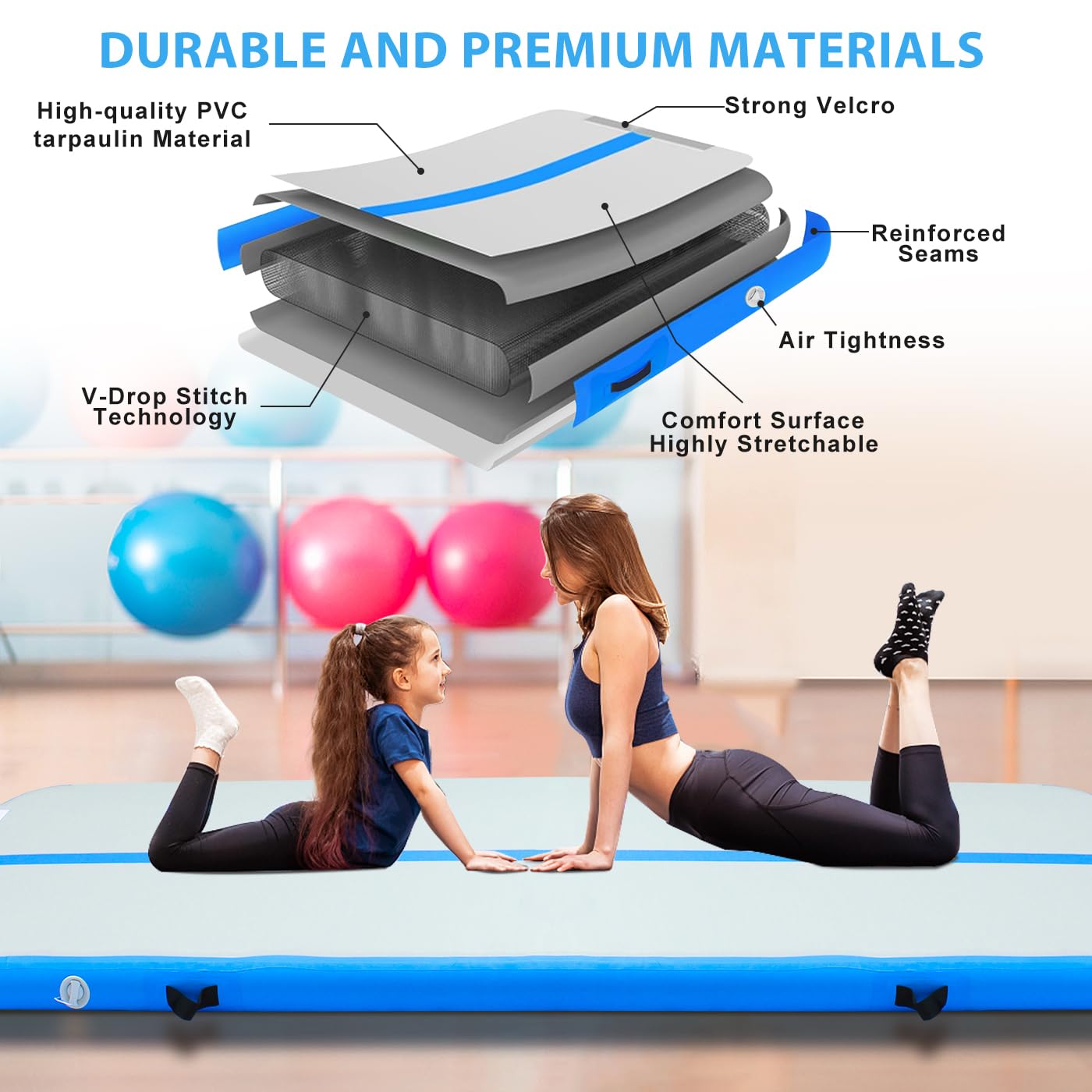 Inflatable Gymnastics Mat - 10ft Tumbling Track with Air Pump, Thick Air Floor Training Mat for Kids, Home Gym, Cheerleading & Yoga | Portable for Indoor/Outdoor Use