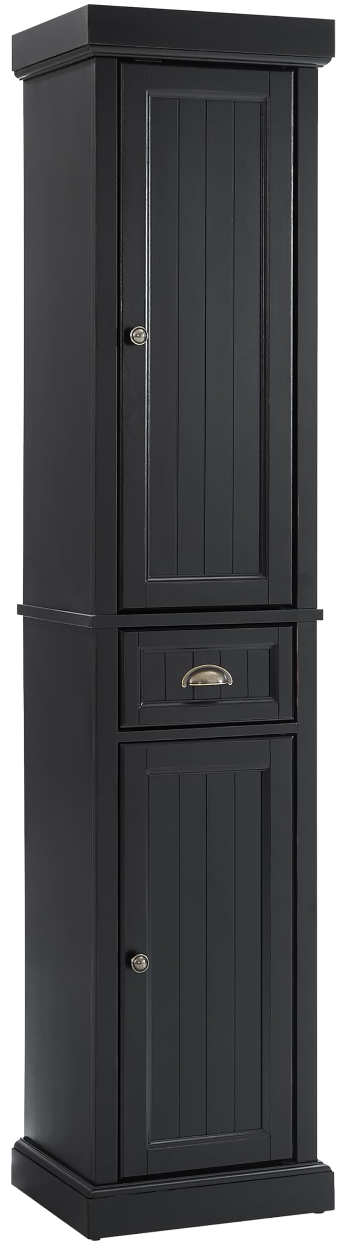 Crosley Furniture Seaside Tall Linen Storage Cabinet - Bathroom Organizer with Drawer & Shelves, Distressed Black - Perfect for Bathroom, Bedroom & Closet Organization