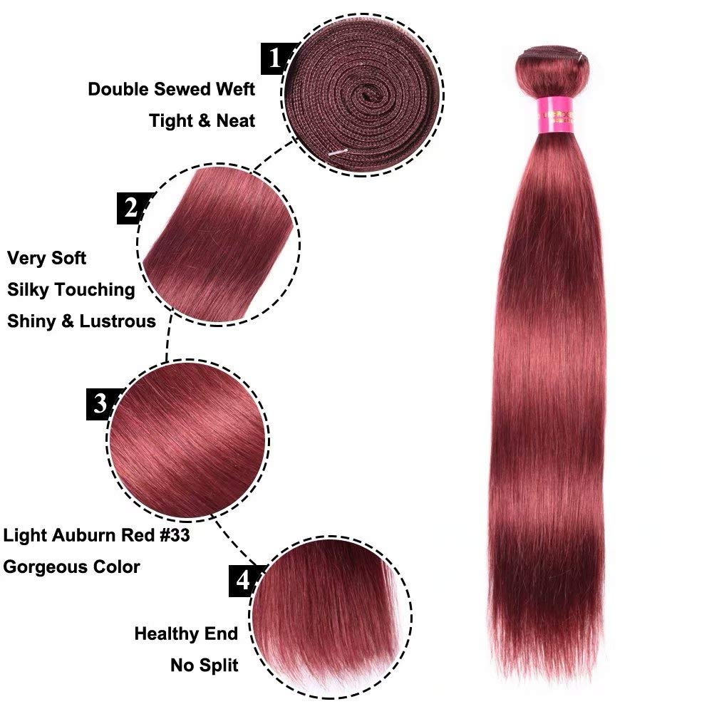 FEEL ME Straight Peruvian Human Hair 3 Bundles with Closure - Color 33 Virgin Peruvian Silky Straight Hair Extensions (18 20 22+18) - Light Auburn Red Remy Hair Weave for Daily Styling & Special Occasions