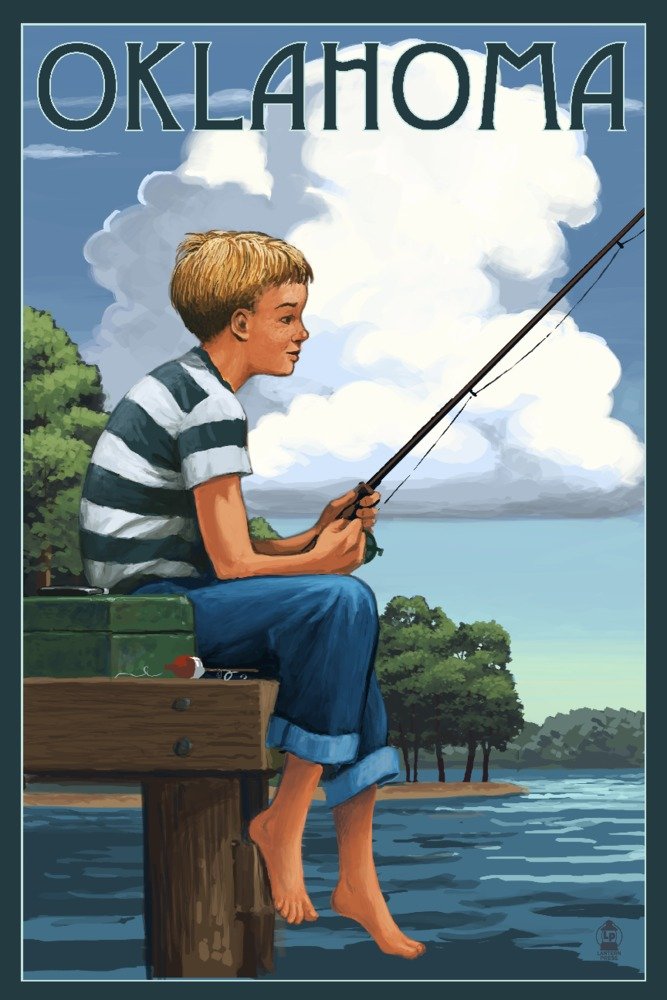 Oklahoma Boy Fishing Art Print - 36x54 Giclee Gallery Quality Wall Decor, Travel Poster for Living Room, Bedroom & Office