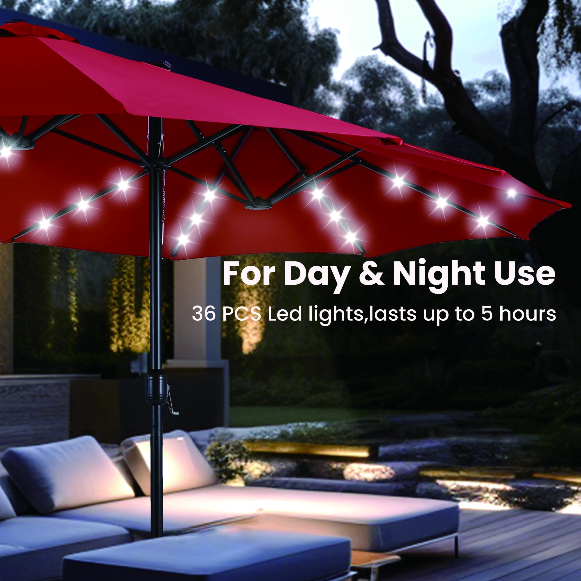 PHI VILLA 15ft Large Outdoor Patio Umbrella with 36 LED Solar Lights - Double-Sided Rectangle Market Umbrella for Garden, Poolside & Backyard - Includes Heavy Duty Base Stand - Dark Red - Perfect for Outdoor Dining, Lounging & Shade Protection