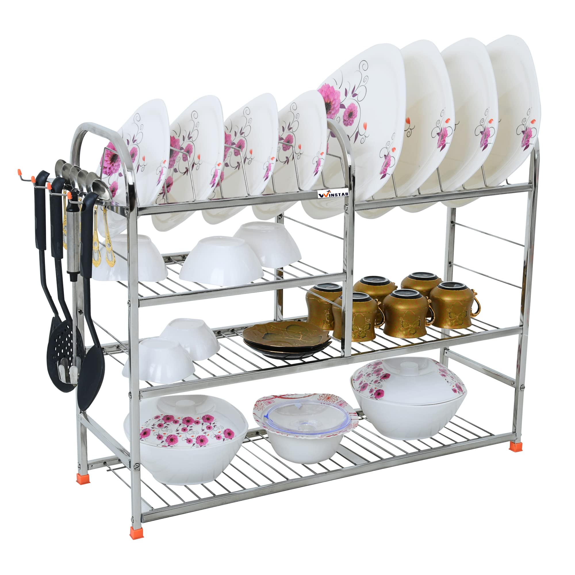 WINSTAR 24x30 Inch Stainless Steel Wall Mount Kitchen Rack - 4 Shelf Dish Rack with Cutlery Holder & Plate Stand | Modular Kitchen Organizer | Space Saving Storage for Dishes, Utensils & Cookware | Perfect for Small Kitchens, Apartments & RV Use