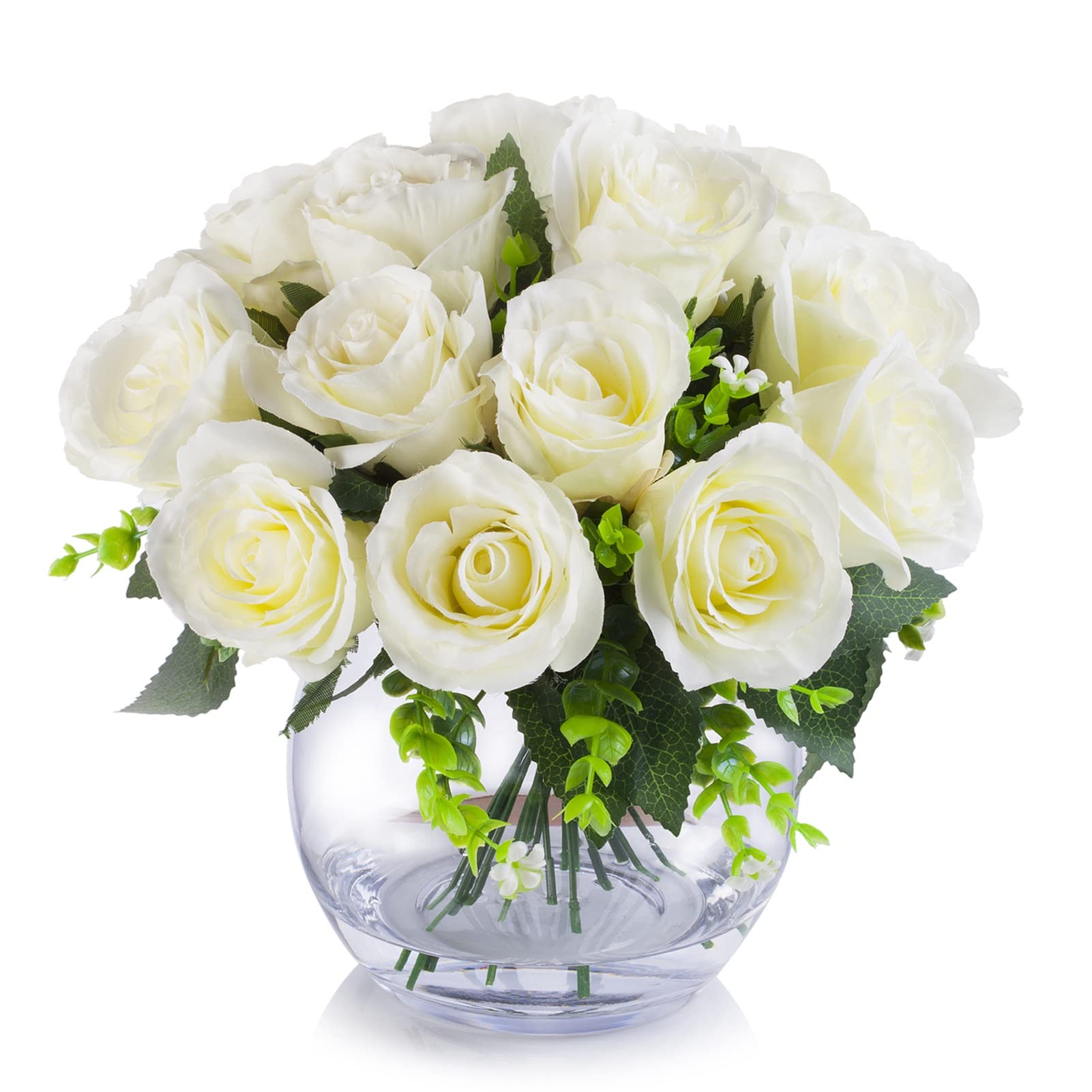 ENOVA FLORAL 18 Heads Silk Rose Artificial Flowers in Vase - Realistic Faux Rose Arrangement with Round Bowl Vase & Faux Water - Perfect for Dining Table Decor, Wedding Centerpieces, Home & Office Decoration (Cream)