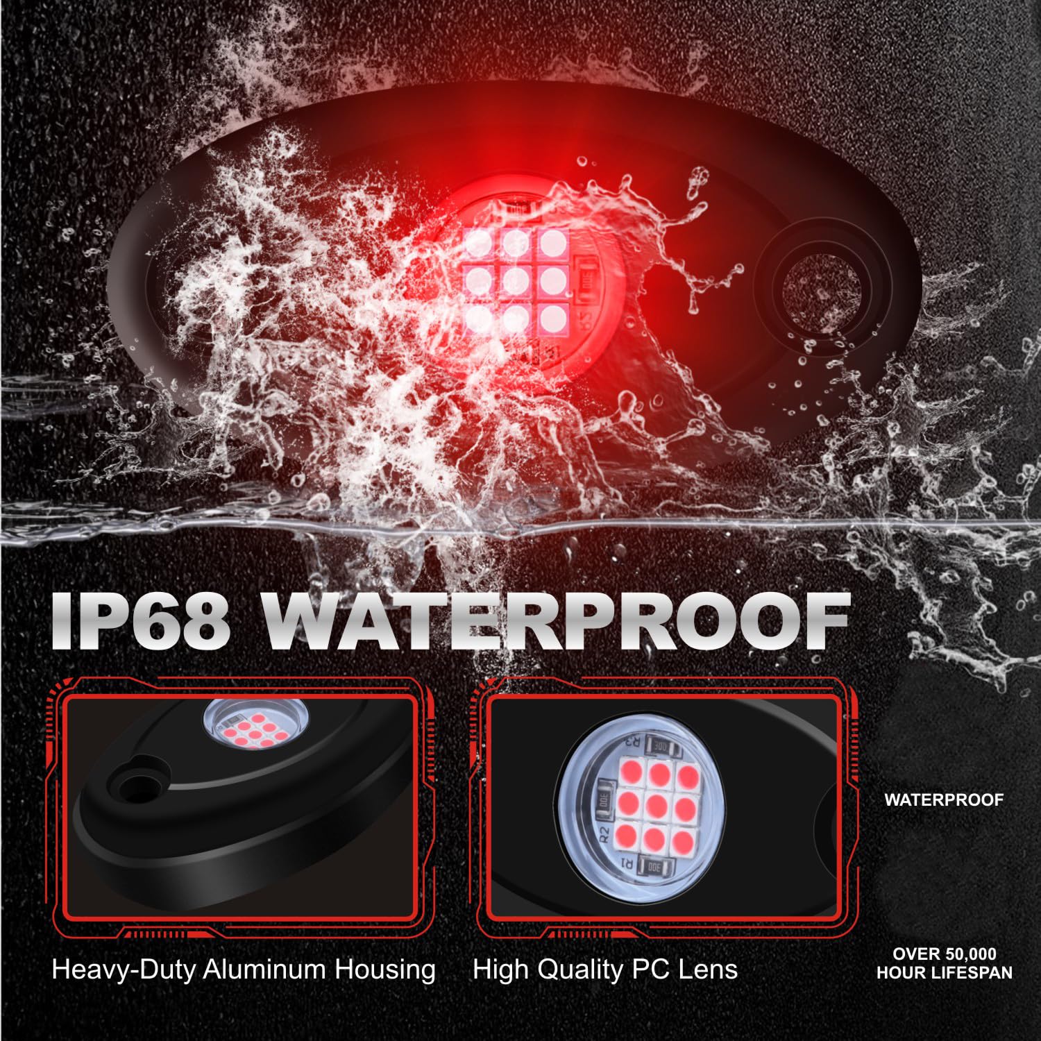 4Pods LED Rock Lights Kit - Waterproof Underbody Glow Lights for Cars, Trucks, ATV, UTV, SUV & Boats - Red Accent Lighting for Off-Road, Trail Rigs & Night Cruising