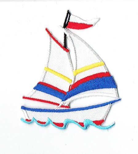 White Sailboat with Blue and Red Stripes Embroidered Iron-On Patch - DIY Sewing Applique for Jackets, Hats, Bags - Perfect for Nautical Themed Crafts and Marine Enthusiasts