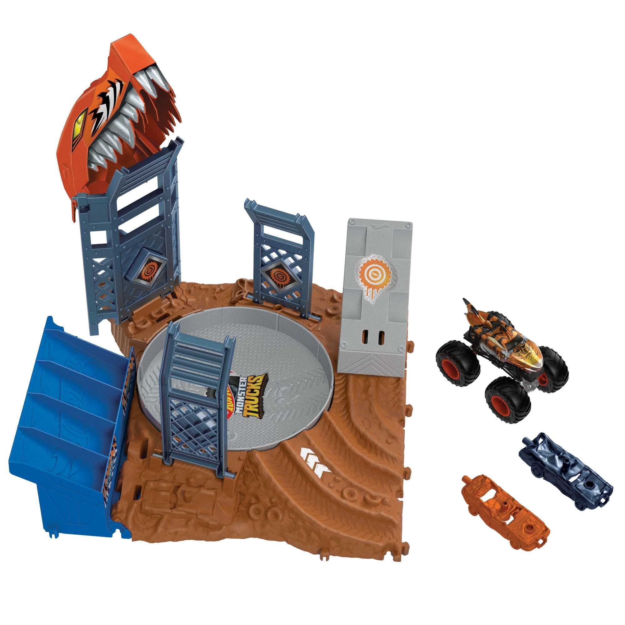 Hot Wheels Monster Trucks Competition Slip Set with 1/64 Scale Tiger Shark & 2 Crush Cars - Compatible with Other Sets, Kids Toy for Ages 4+ (HNB93) - Perfect for Playtime, Birthday Gifts & Collectors