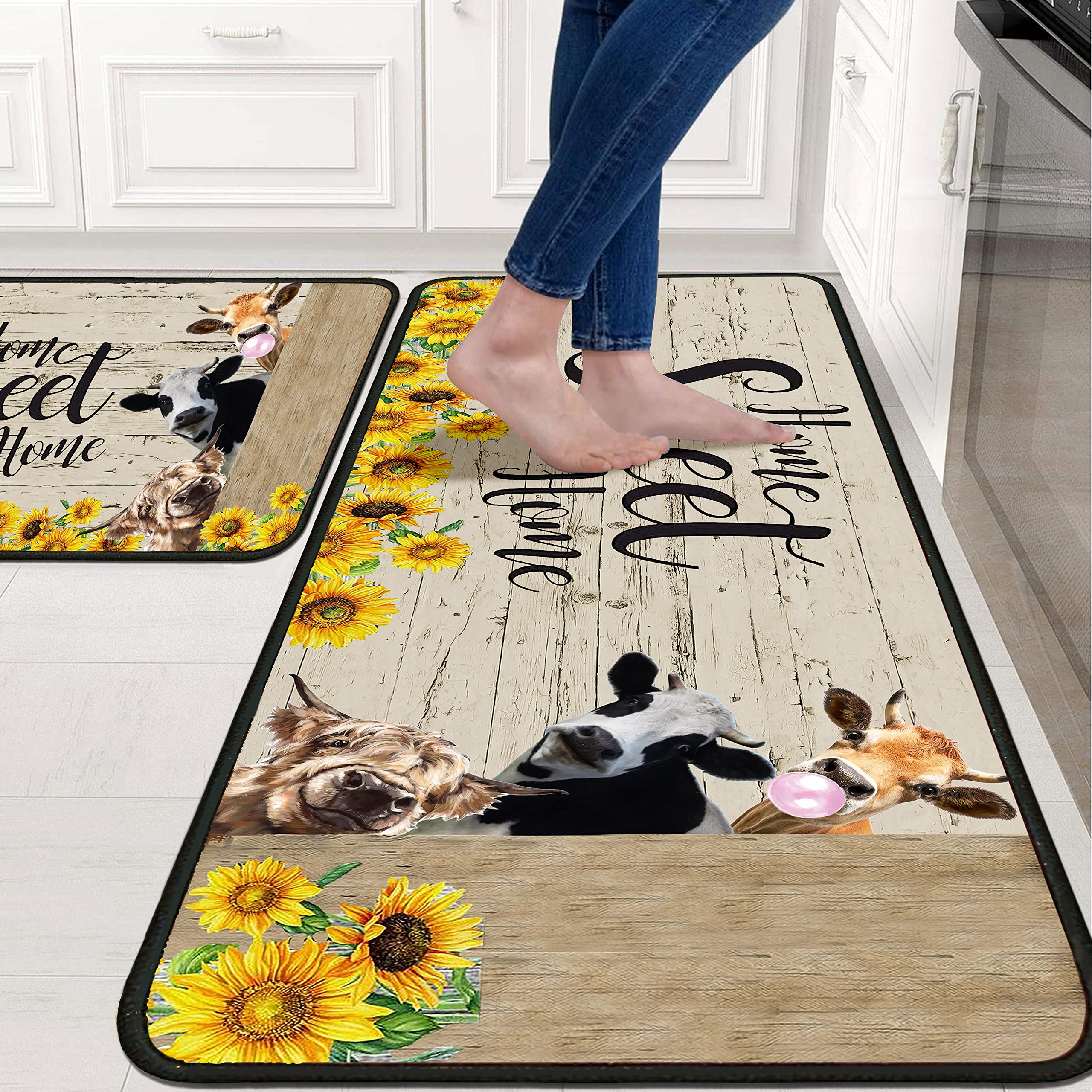 2-Piece Sunflower Non-Slip Kitchen Rugs Set - Anti-Fatigue Floor Mats for Sink & Standing Areas (17