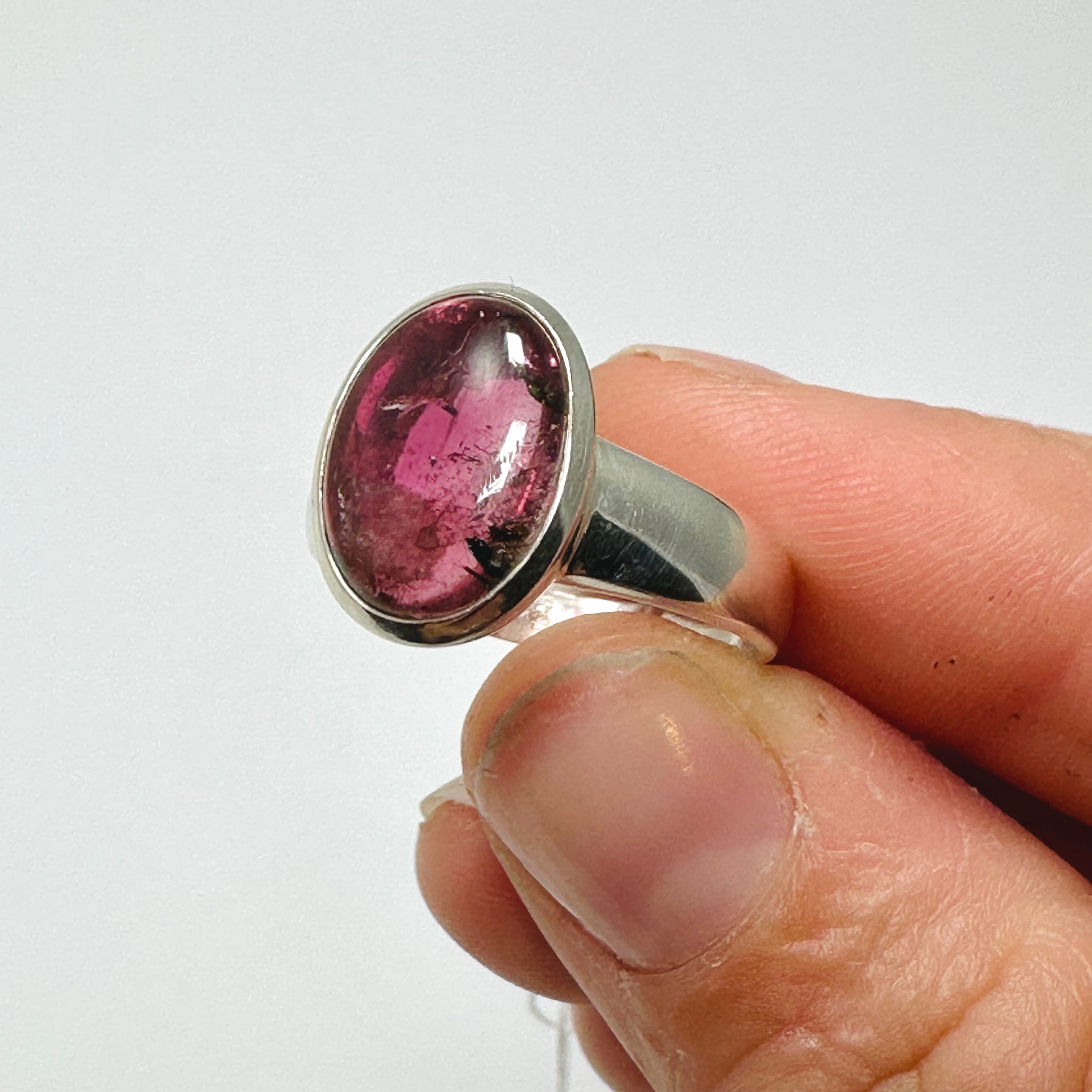 Natural Pink Tourmaline Oval Cabochon Ring - Size 9 Sterling Silver - PRGJ738 - Elegant Jewelry for Women's Daily Wear & Special Occasions