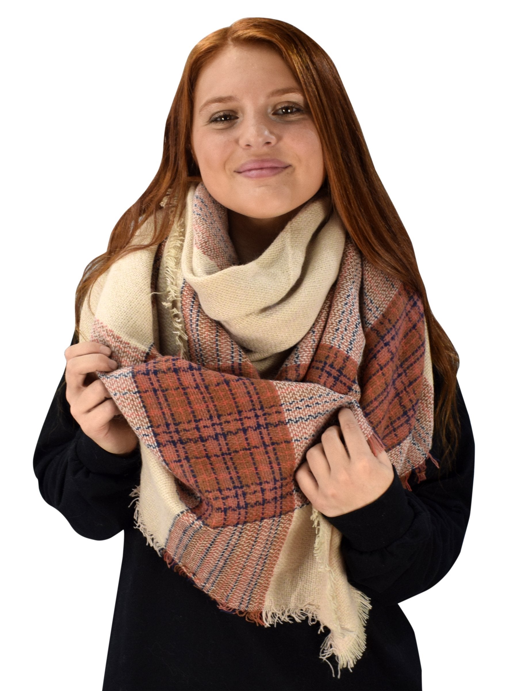 Cozy Tartan Plaid Woven Oversized Scarf Blanket Shawl Wrap - Beige Checkered Fashion Accessory for Women | Perfect for Winter, Fall, and Outdoor Activities