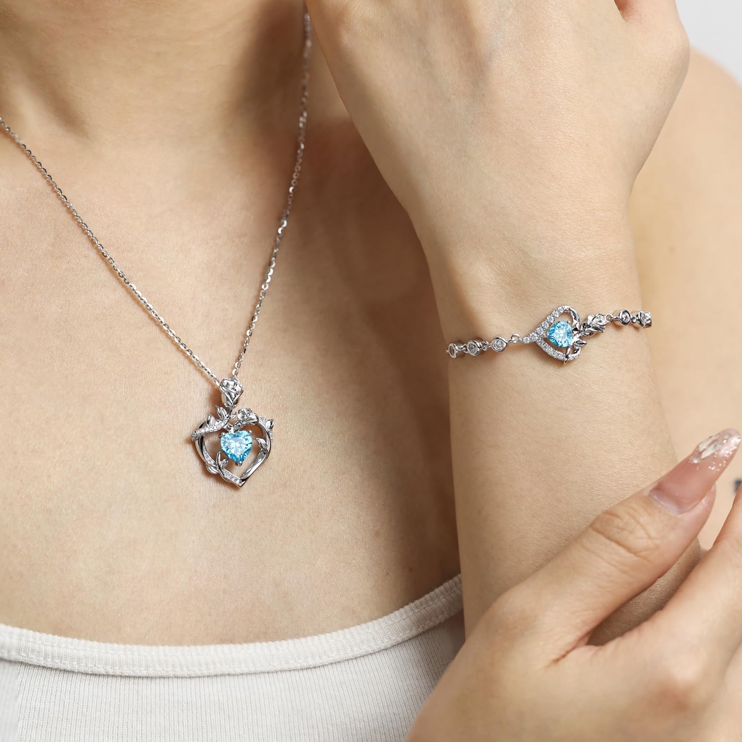 AGVANA Sterling Silver Rose Flower Heart Birthstone Necklace for Women - Dreamy Rose Pendant Fine Jewelry, 18