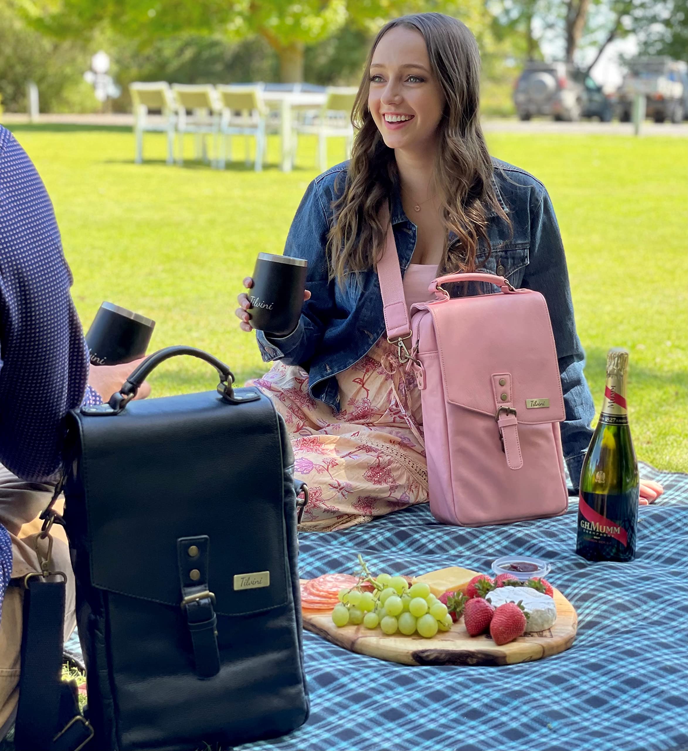 Premium Leather Wine Bag & Insulated Wine Tumblers Set - Best Birthday Gifts for Men, Wine Lovers - Durable Wine Carrier with Cooler Function - Perfect for Travel, Beach Picnics, Outdoor Parties & Romantic Dinners