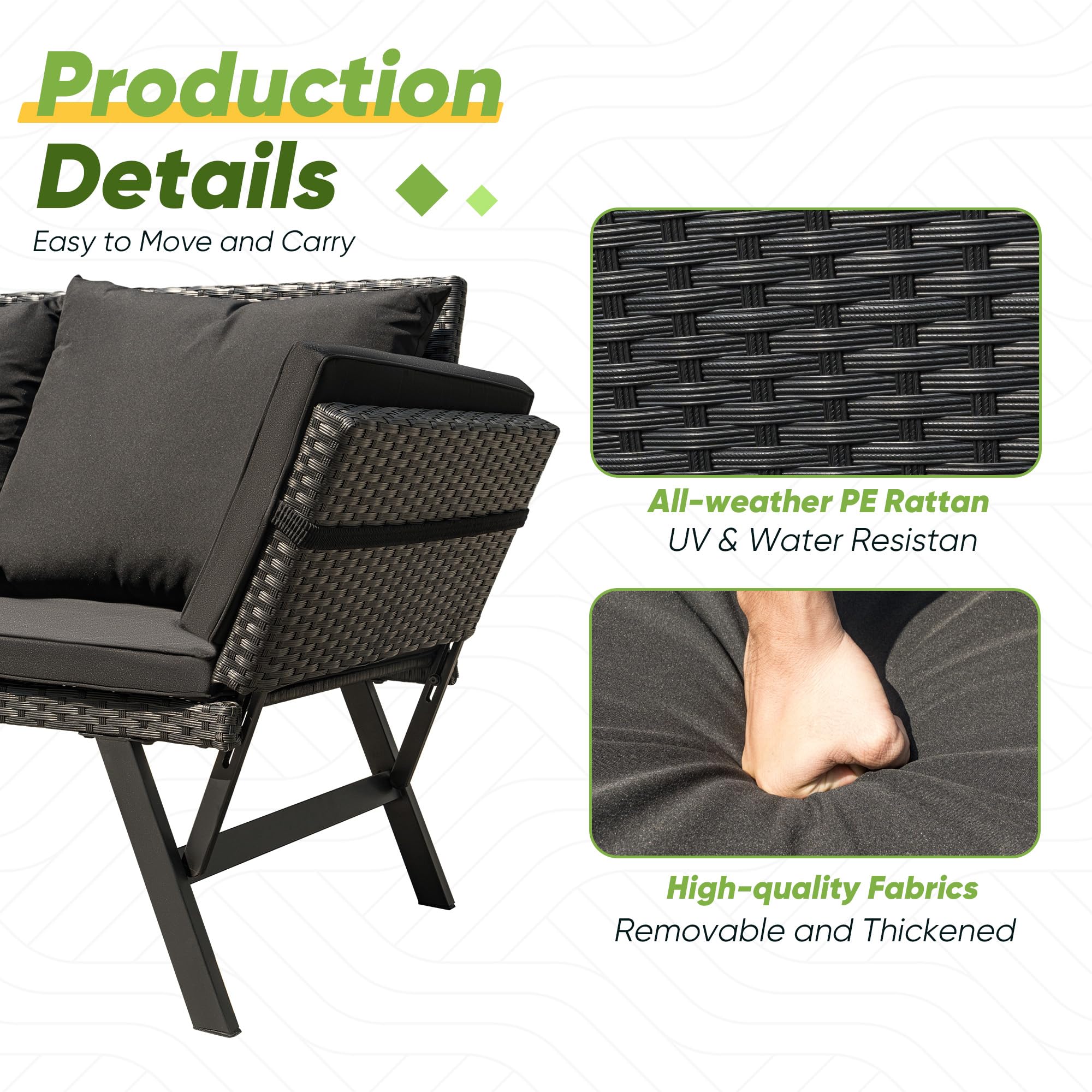 Premium Outdoor Woven Rattan Sofa Set - Convertible Daybed & Double Chair with Adjustable Armrests, Black Cushions & Pillows for Patio, Garden, Poolside, Backyard Relaxation | Weather-Resistant Lounge Furniture for Porch, Deck & Outdoor Living Spaces
