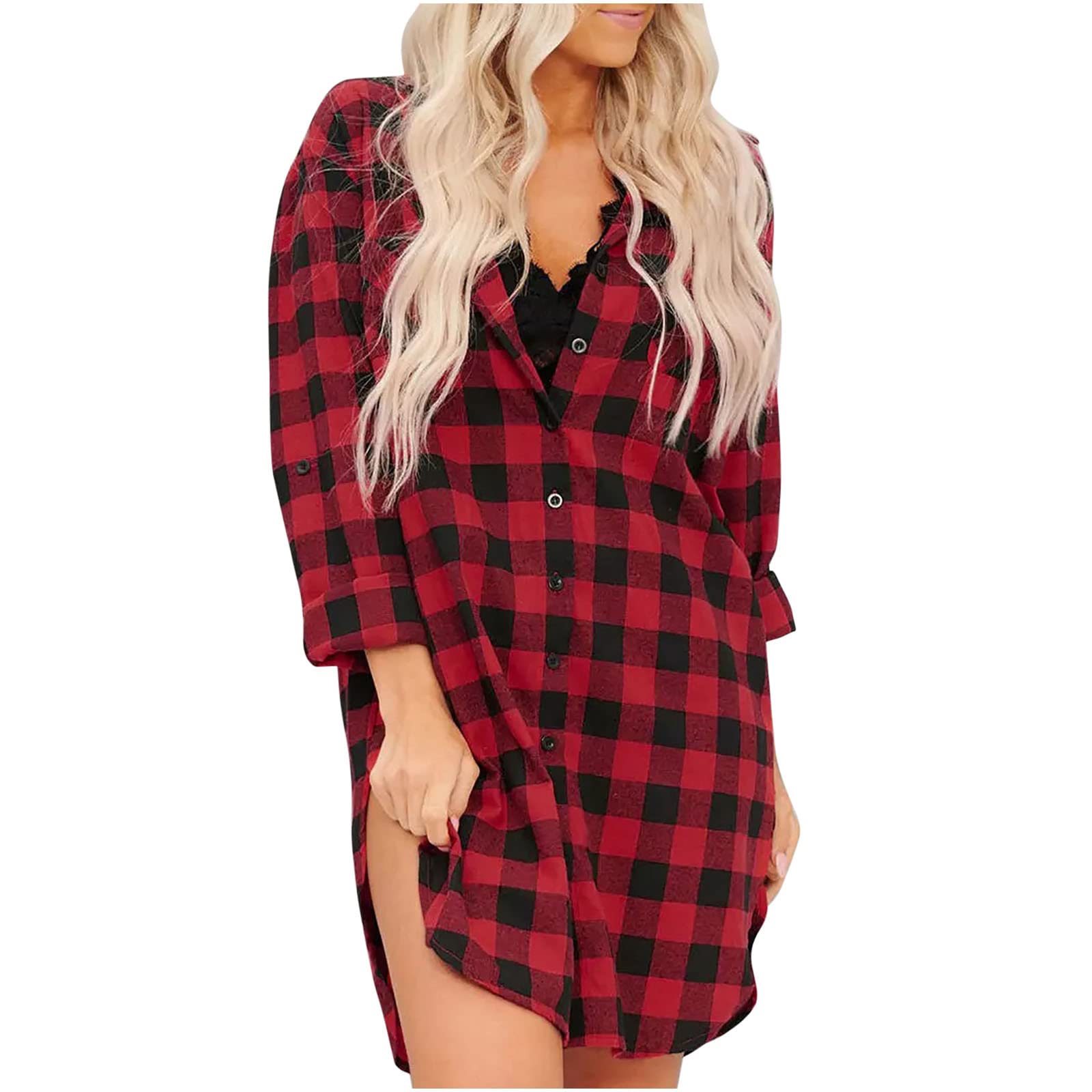 Plus Size Plaid Shirt Dress for Women - Long Sleeve Lace Button Down Bodycon Wrap Dress, Knee Length & Comfortable | Perfect for Office, Date Night & Fall Outfits