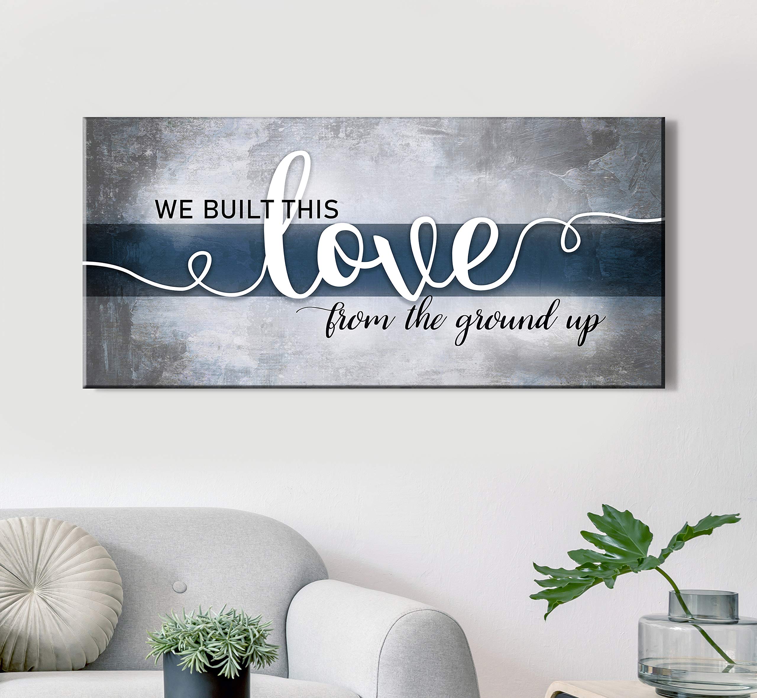 Romantic Love Wall Art Decor for Couples - 'We Built This Love' Canvas Painting (42x19 Inch, Blue) - Perfect for Bedroom, Living Room & Wedding Anniversary Gifts
