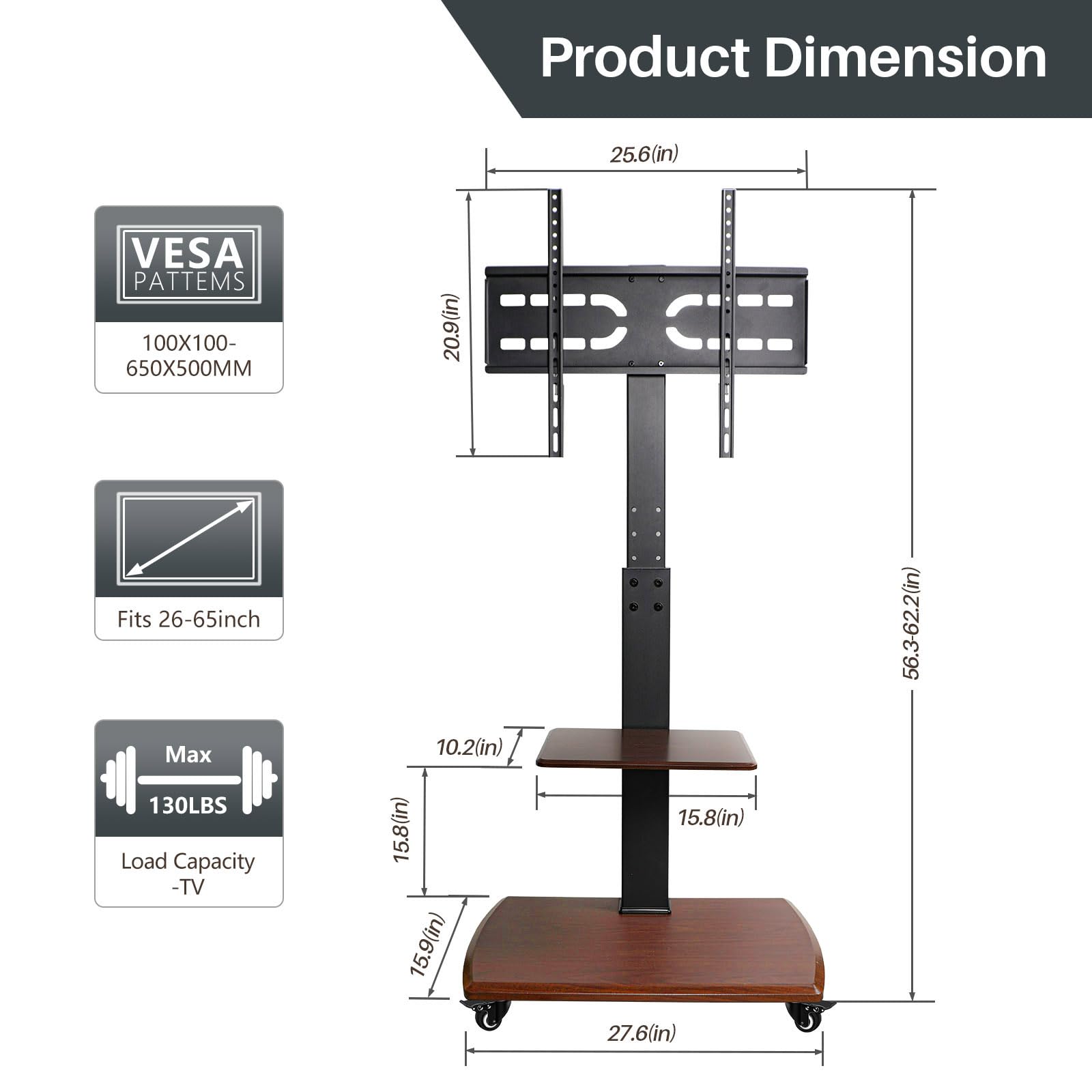 Adjustable Mobile TV Stand on Wheels for 32-80 Inch Flat/Curved TVs - Rolling TV Cart with Power Outlet, Height Adjustable, Supports 130 lbs & VESA 650x500mm - Perfect for Living Room, Bedroom, or Office (Brown)