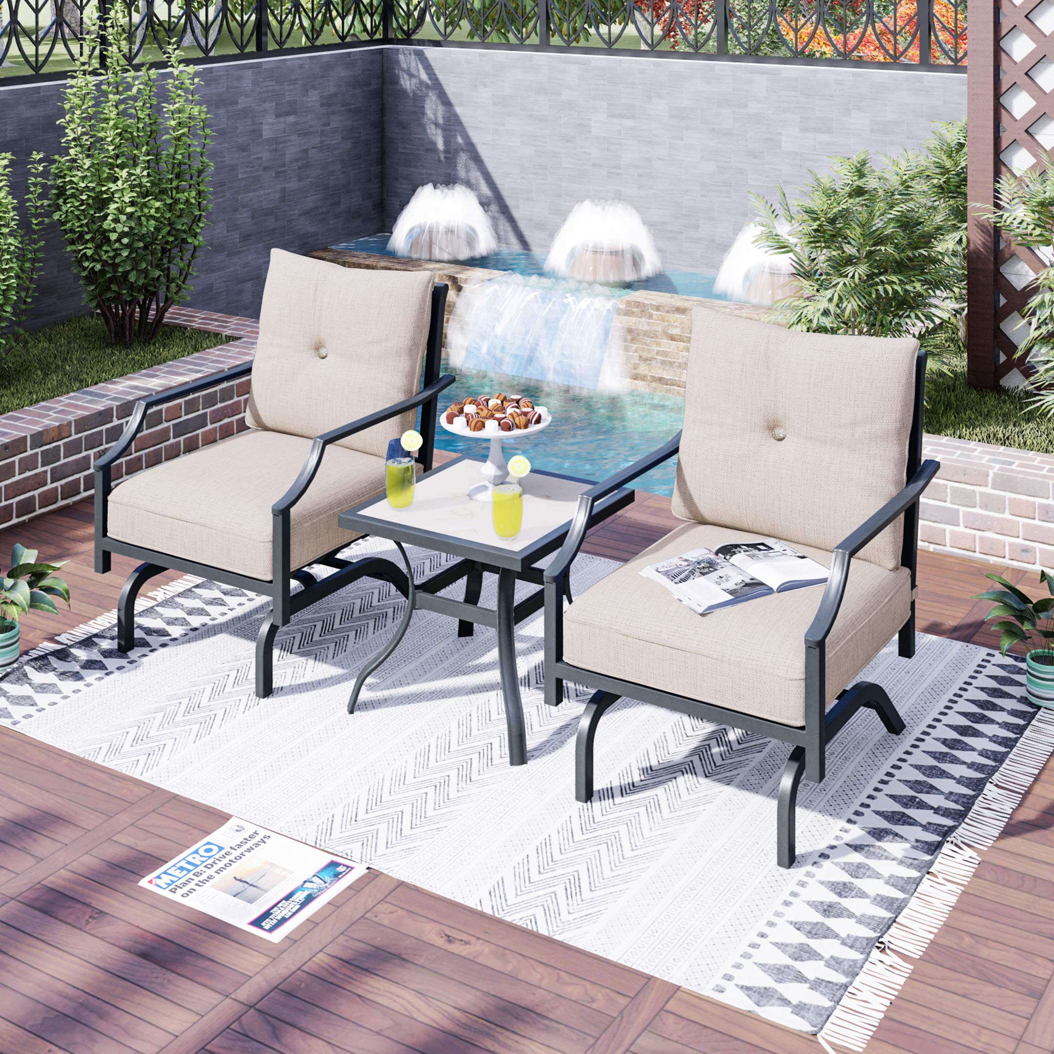 LOKATSE HOME 3-Piece Outdoor Patio Bistro Set - Metal Frame Armchair with Cushion & Square Coffee Table, Beige - Perfect for Garden, Balcony, and Backyard Relaxation