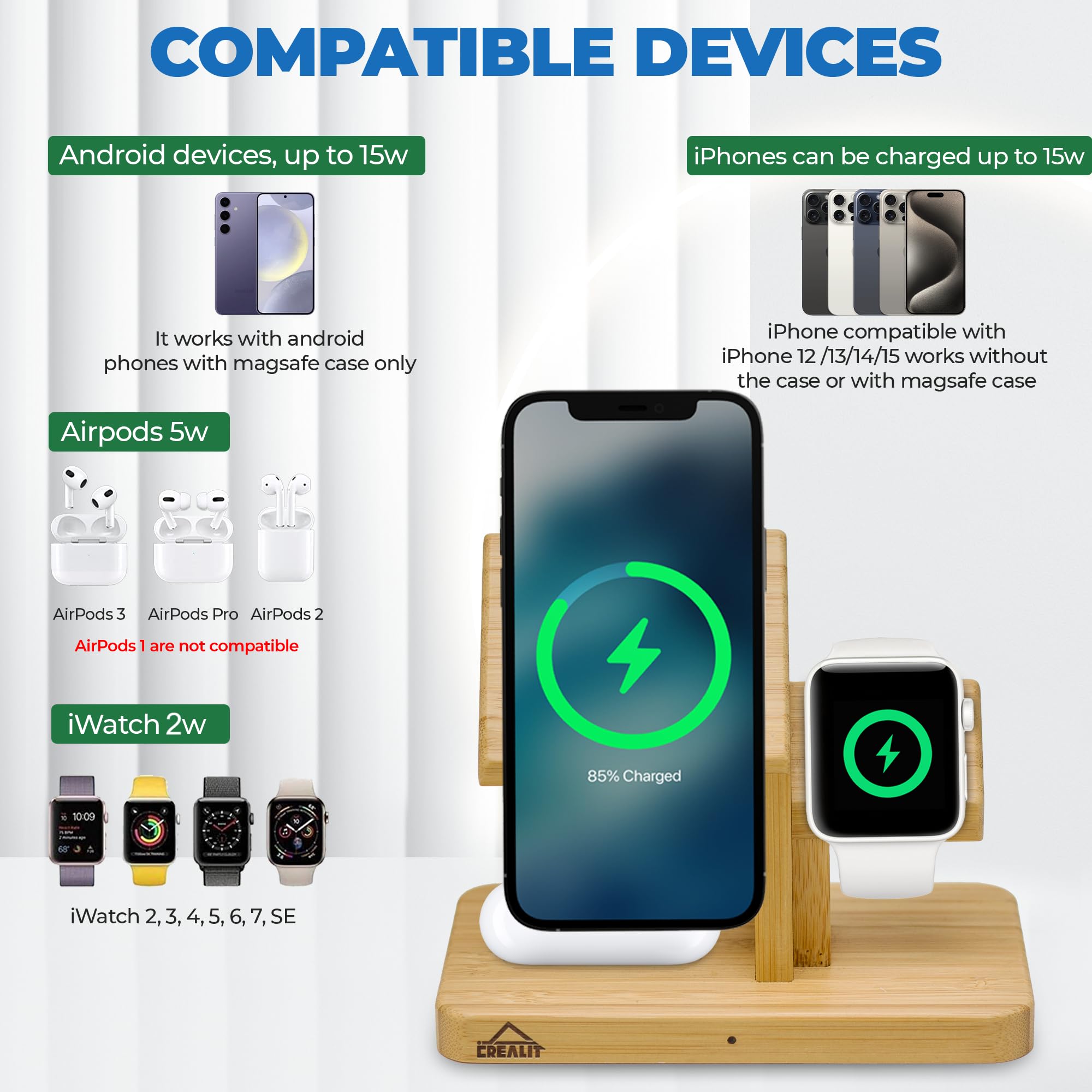 3-in-1 Bamboo Wireless Charging Station with Magsafe - Fast Charger for iPhone 12/13/14/15/16, Apple Watch & AirPods | Perfect for Nightstand, Office Desk & Travel Charging