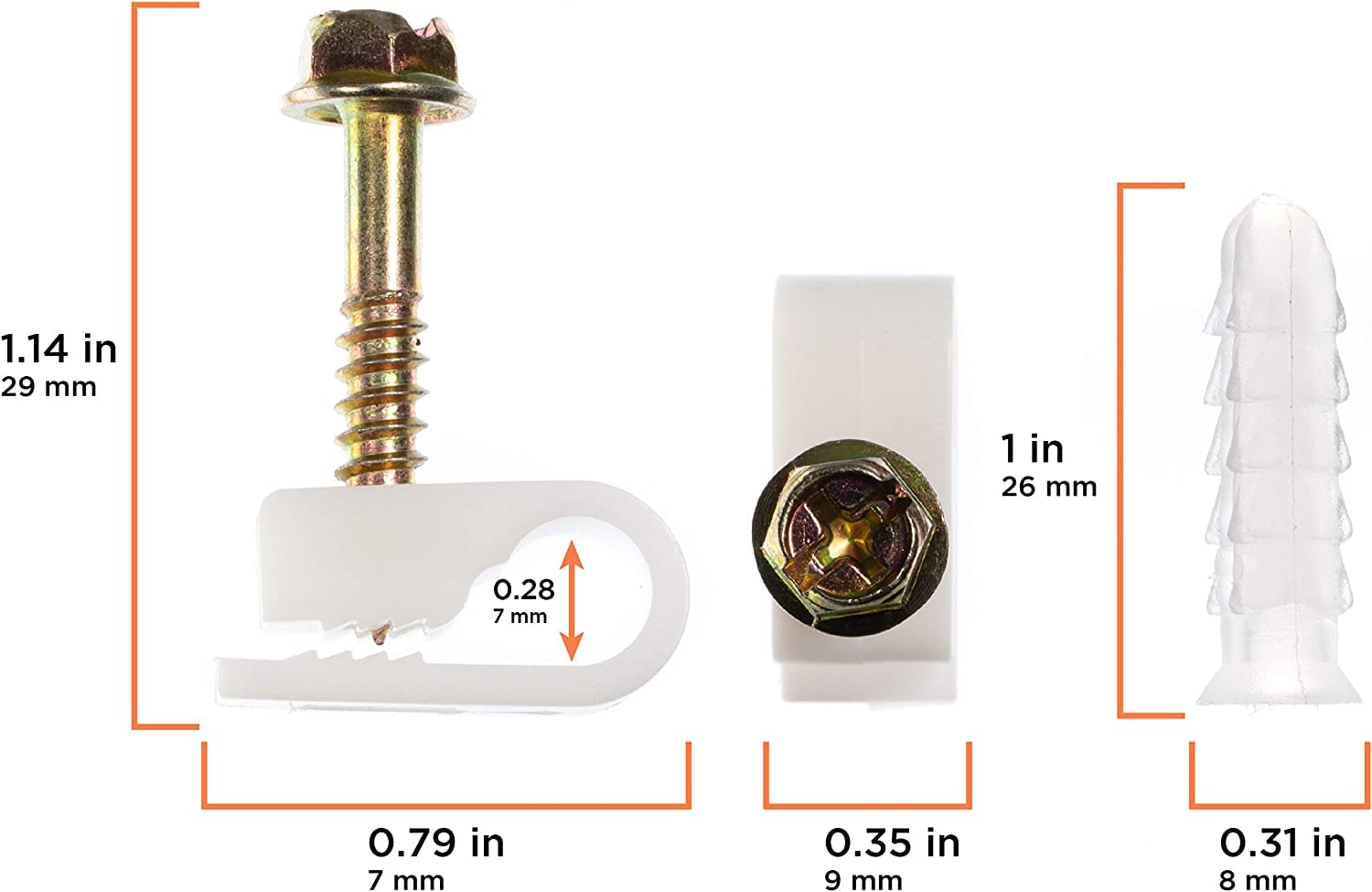 THE CIMPLE CO Ribbed Plastic Conical Anchors & White Cable Screw Clips - 100pc Kit for Concrete, Stucco, Brick, Drywall - Secure Wires, Cables & Pipes in Walls & Ceilings