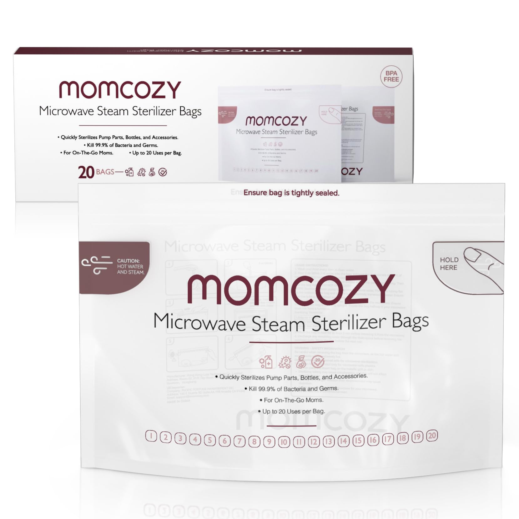 Momcozy Microwave Steam Sterilizer Bags - 20 Pack Reusable Sterilization Pouches for Breast Pump Parts & Baby Bottles (20 Uses per Bag) | Compatible with Momcozy S9 Pro/S12 Pro/V1/V2 | Perfect for Travel, Daycare & Home Use