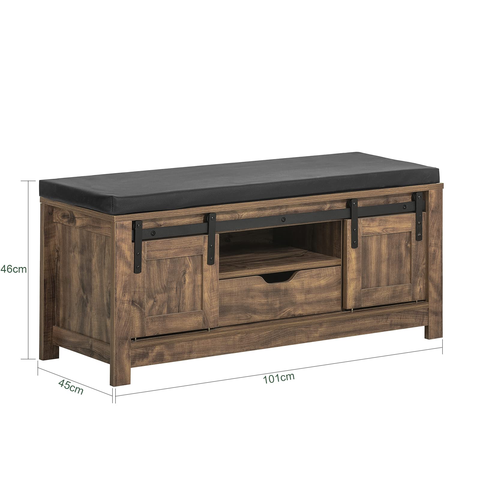 Haotian Industrial Style Shoe Storage Bench with Sliding Barn Doors - Entryway Hallway Shoe Cabinet with Drawer & Padded Seat Cushion - Rustic Window Bench for Mudroom, Living Room or Bedroom - Brown (FSR118-N)