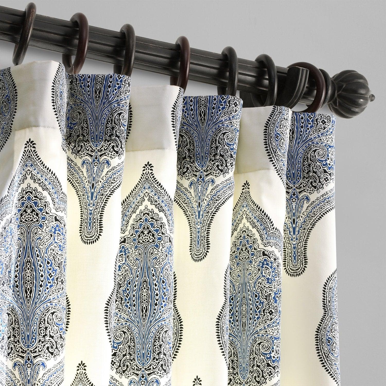 Arabesque Blue Emblem Printed Cotton Blackout Curtains for Living Room & Bedroom - Elegant Window Treatment for Light Blocking & Privacy