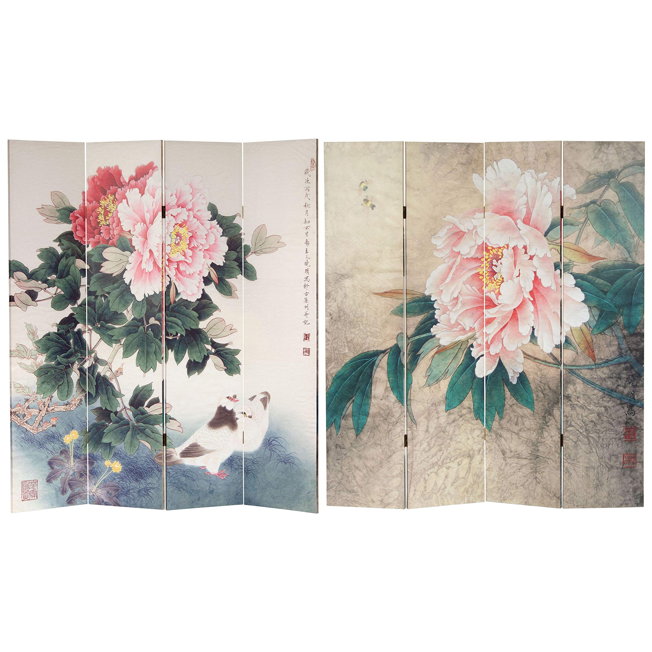 6 Ft. Tall Double Sided Doves and Peonies Canvas Room Divider - Pink Fabric Foldable Partition Screen for Living Room, Bedroom, or Office Privacy